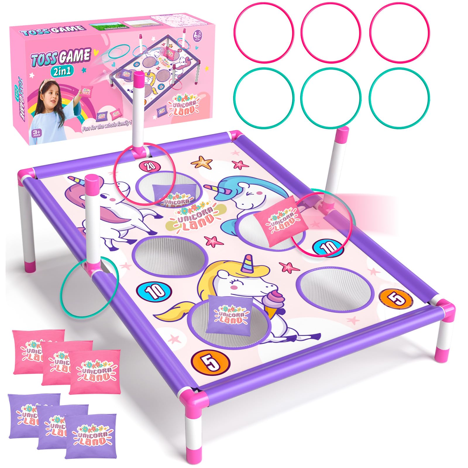 Golray Bean Bag Toss Game For Kids, 2 In 1 Cornhole Board Set Outside Toys For Kids Ages 4-8 With Carnival Party Ring Toss Game, Christmas Birthday Gifts For Boys Girls Toys 2 3 4 5 6 7 8 Years Old