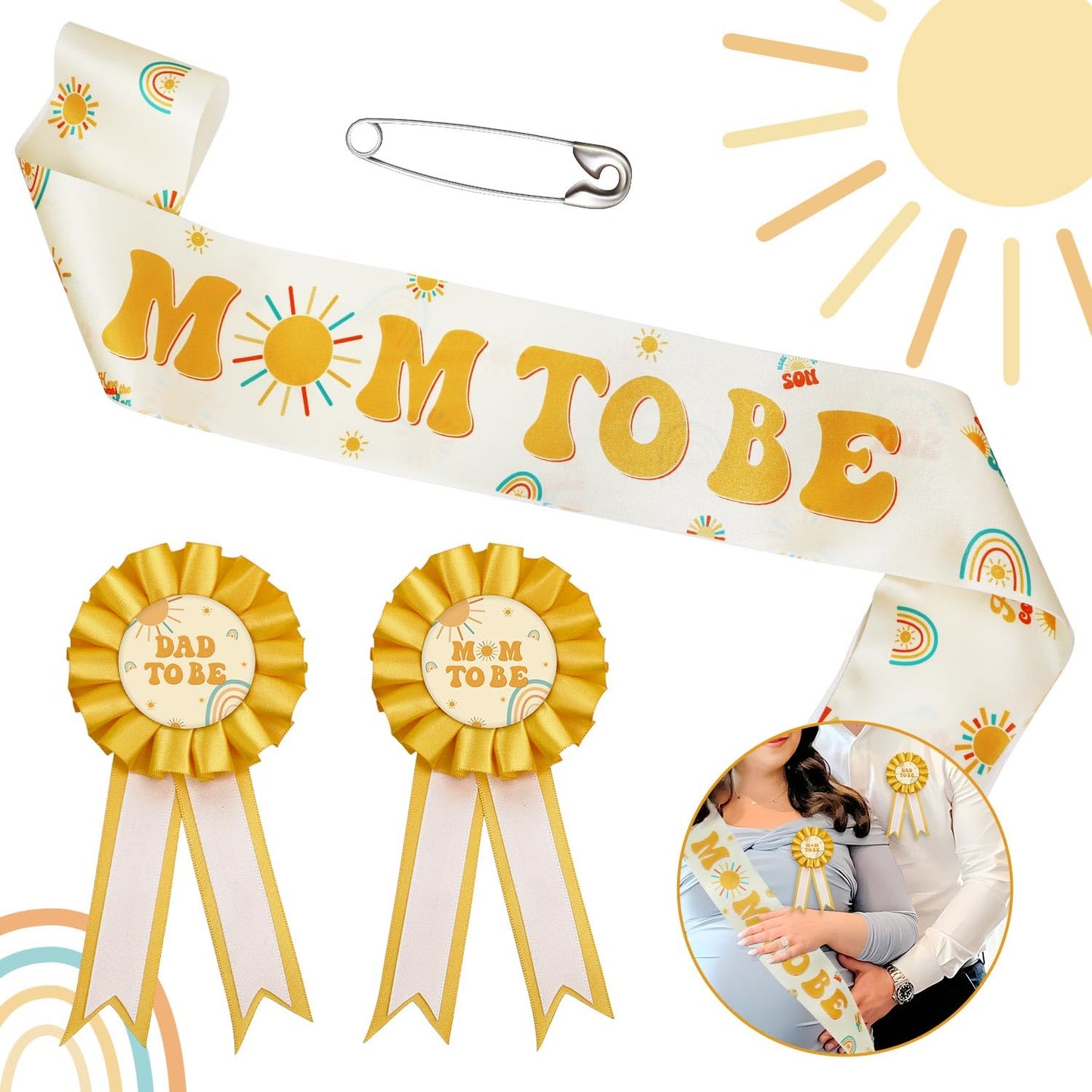Lopeastar Here Comes the Son Baby Shower Decor Mom to Be Sash Dad to Be Corsage Set, Boho Sun Mommy to Be Sash Baby Shower Sash 