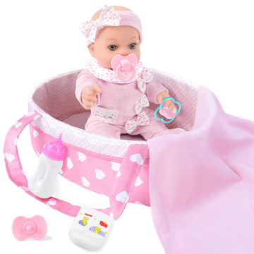 12 Inch Baby Doll Playset With Dolls Clothes And Accessories First Baby Dolls For Toddlers 3 Years And Up Includes Bassinet Bed, Blanket, Bottles, Nipple, Diaper, Toys