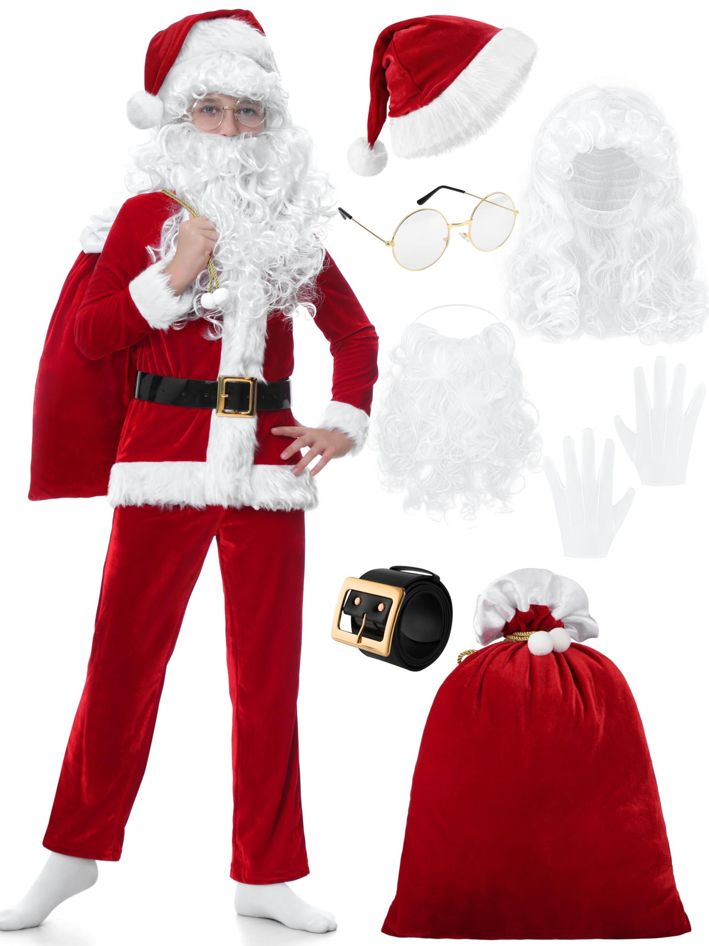 Fancyfun Santa Claus Costume For Kids, 9Pcs Boys Christmas Suit Kids Santa Costume Outfit Velvet For Boys Christmas Cosplay, 3-4