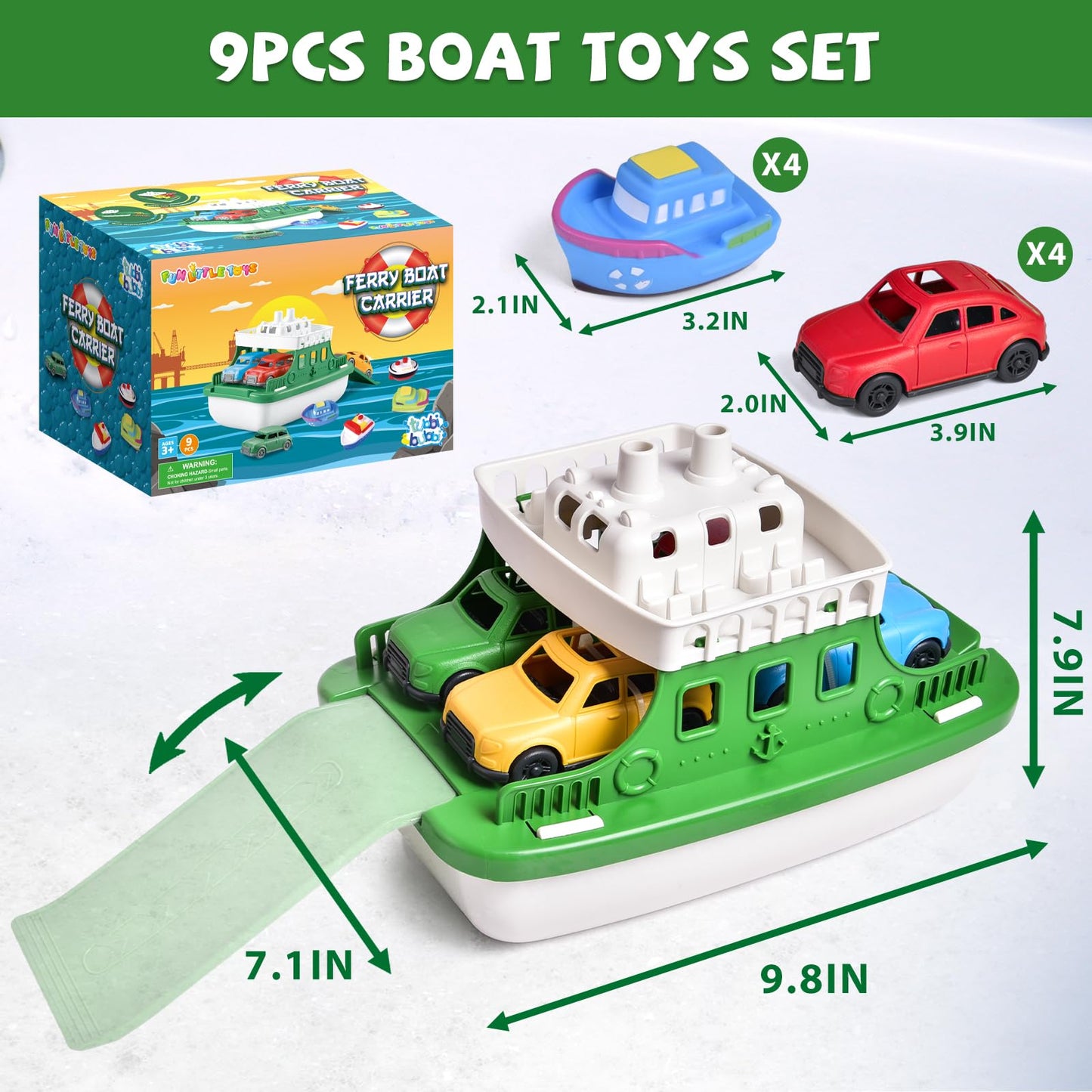 Toy Boat Bath Toys For Toddlers With 4 Mini Car Toys And 4 Bath Boat Squirters, Kids Ferry Boat For Bathtub Bathroom Pool Beach Toys