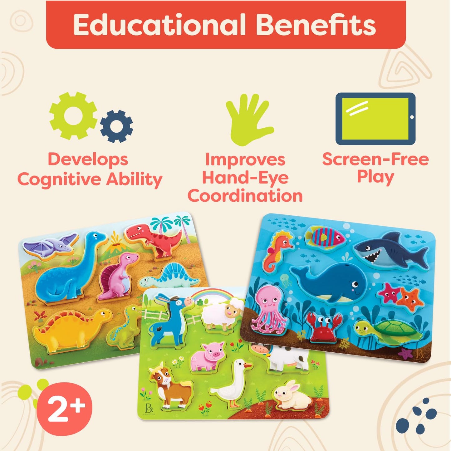 B. Toys- Peek & Explore 3-Pack - Farm, Sea, Dinos- Chunky Puzzle 3-Pack – Wooden Puzzles- 8 Pieces Each – 2 Years +