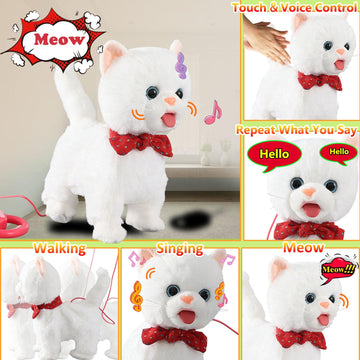 White Leash Walking Cat Set Interactive Talking Cat Singing Dancing Kitten Mimicking Repeat What You Say Kitty Touch and Voice C