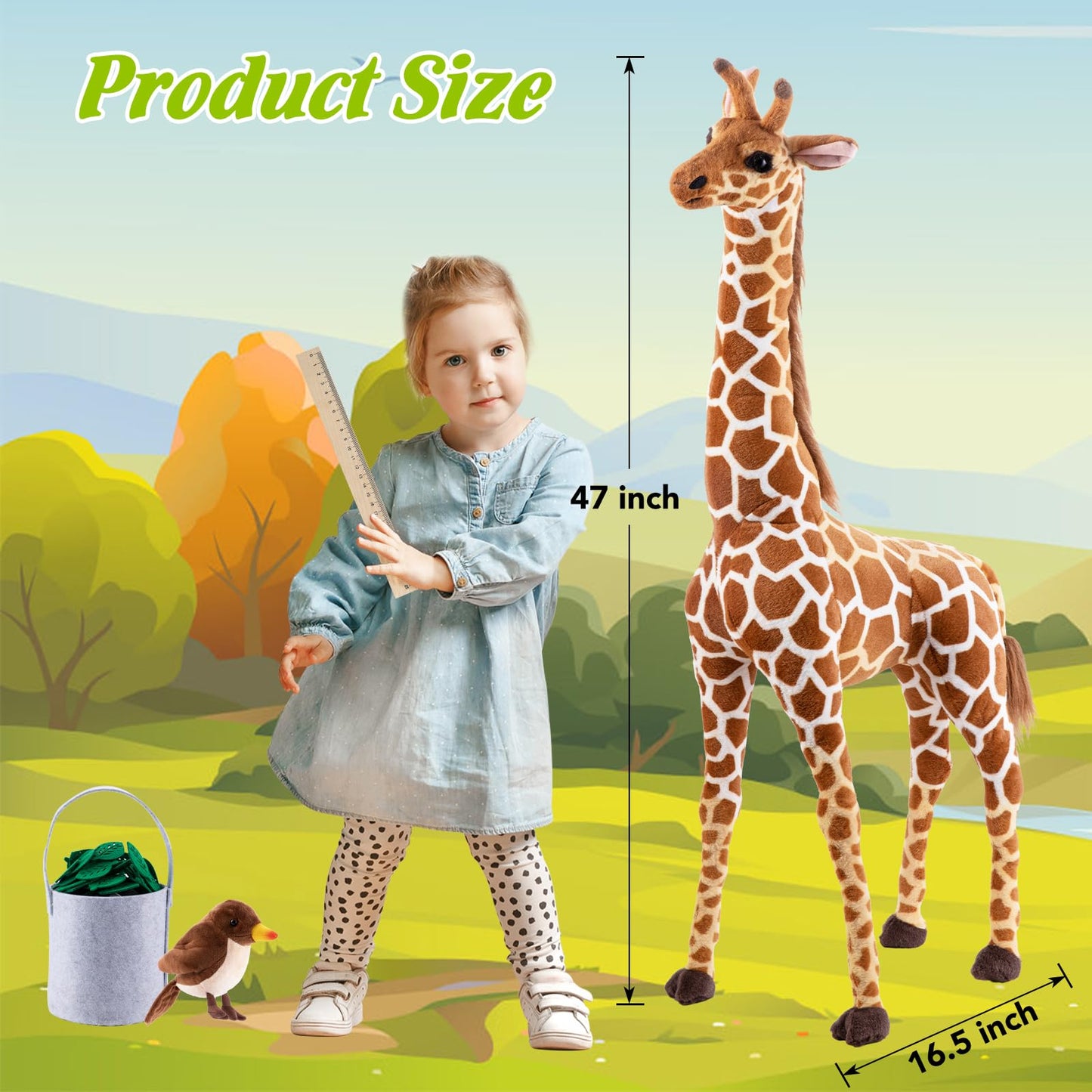 BRINJOY Giant Giraffe Stuffed Animal, 47" Plush Toy with Bird, Basket & Leaves, Multi Color, Soft Polyester for Kids