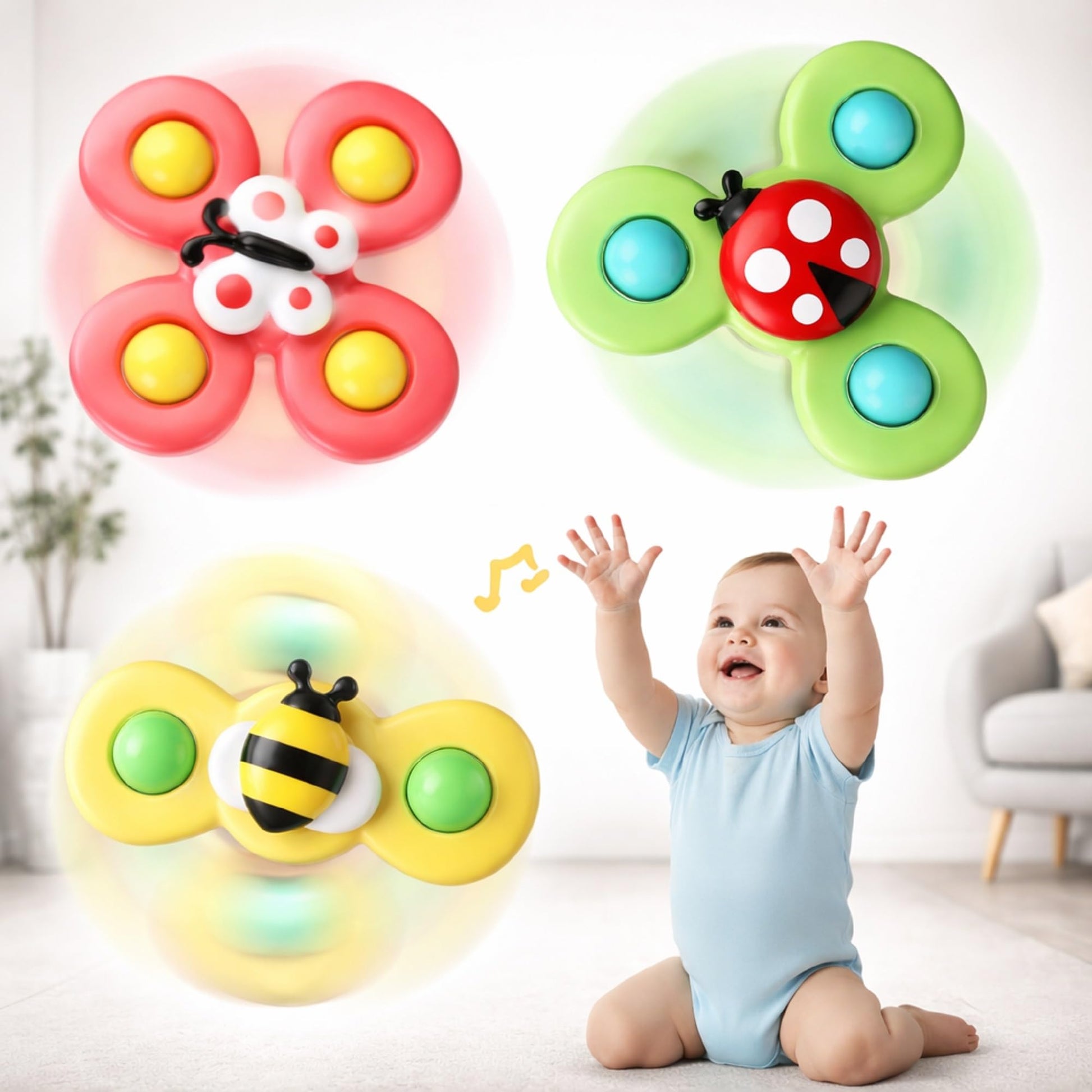 Nhr Baby Suction Cup Spinner Toys Set, Three Piece Bath Fidget Rattles