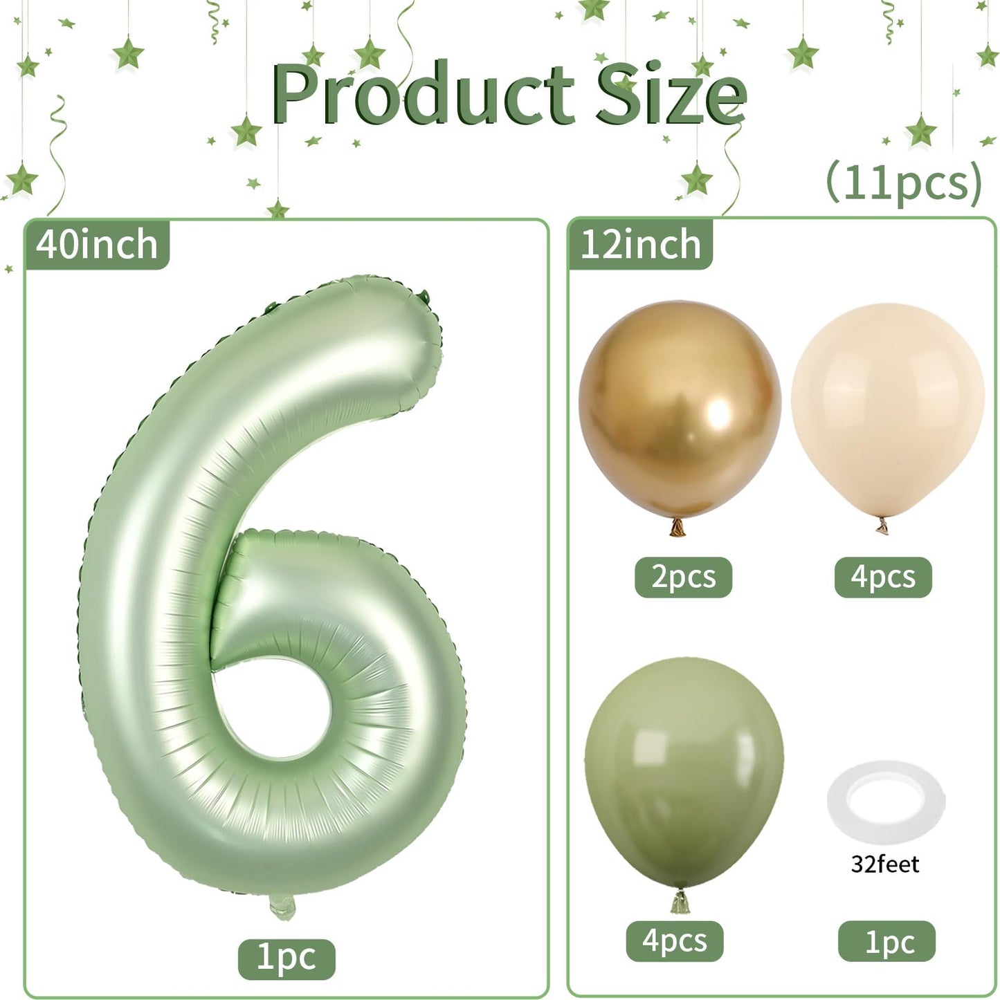 40 Inch Sage Green Number 6 Balloon, Olive Green 6Th Birthday Balloons, Retro Sand White Avocado Green Gold Latex Balloons Giant