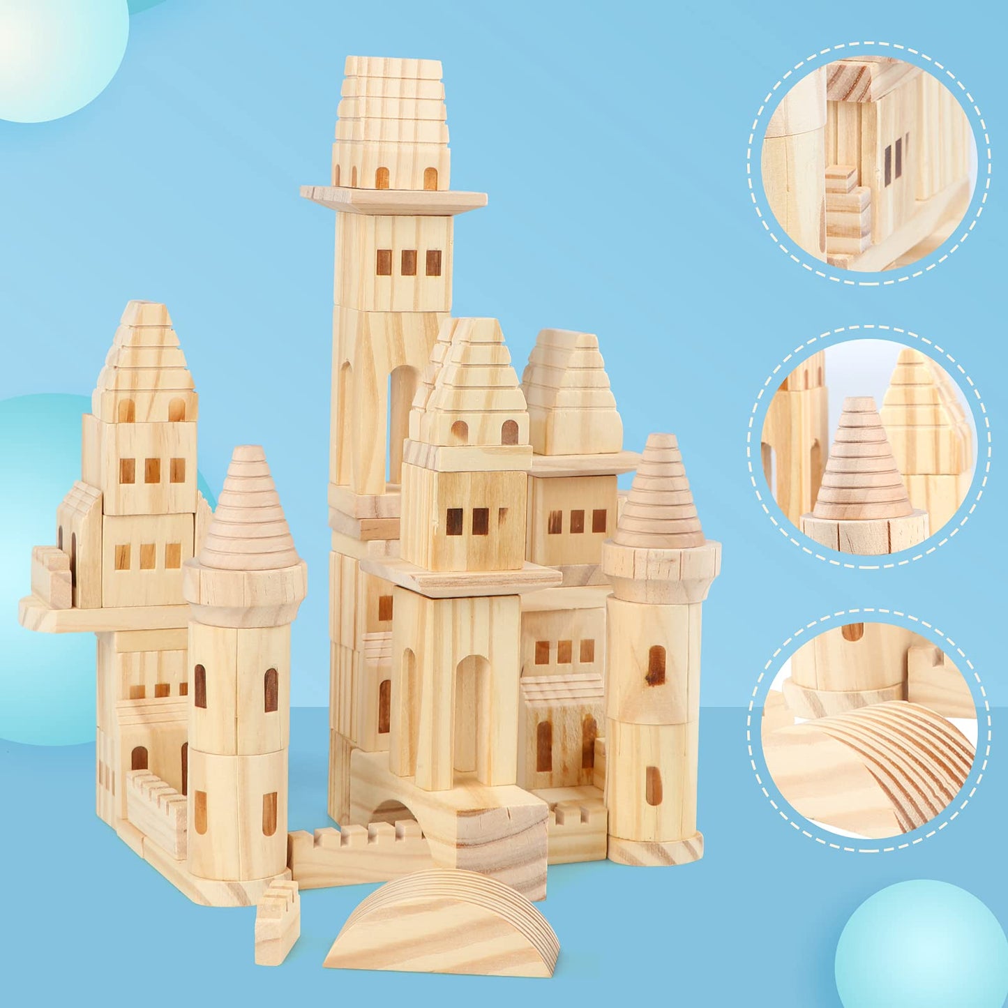 Garlictoys Wooden Castle Blocks Kit - 75 Pieces, Medieval Knights & Princesses, Beige, Model WC, Perfect for Kids Boys and Girls