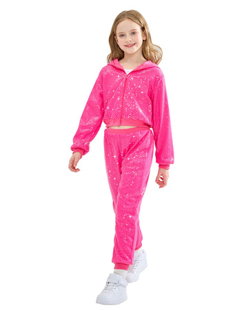 LOLANTA Girls Sequin Jacket Sequin Pants Dance Costume for 80s 90s Theme Party Shiny Dance Clothing Set (Rosered, 10-11 Years)