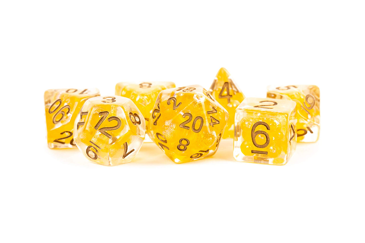 Pearl Dice Citrine w/ Copper Numbers 16mm Resin Poly Dice Set