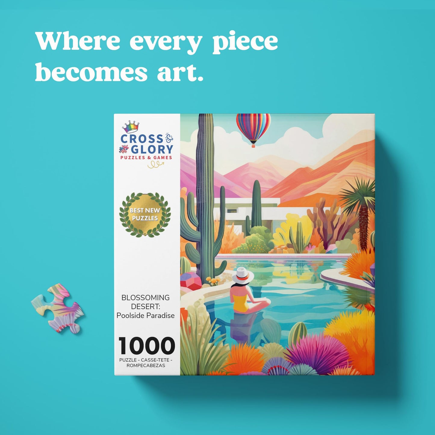 Cross & Glory - Blossoming Desert: Poolside Paradise - 1000 Piece Jigsaw Puzzle for mature-themeds | Vibrant Colors | Satin Finish | 20x27 Inches | mature-themed Challenge