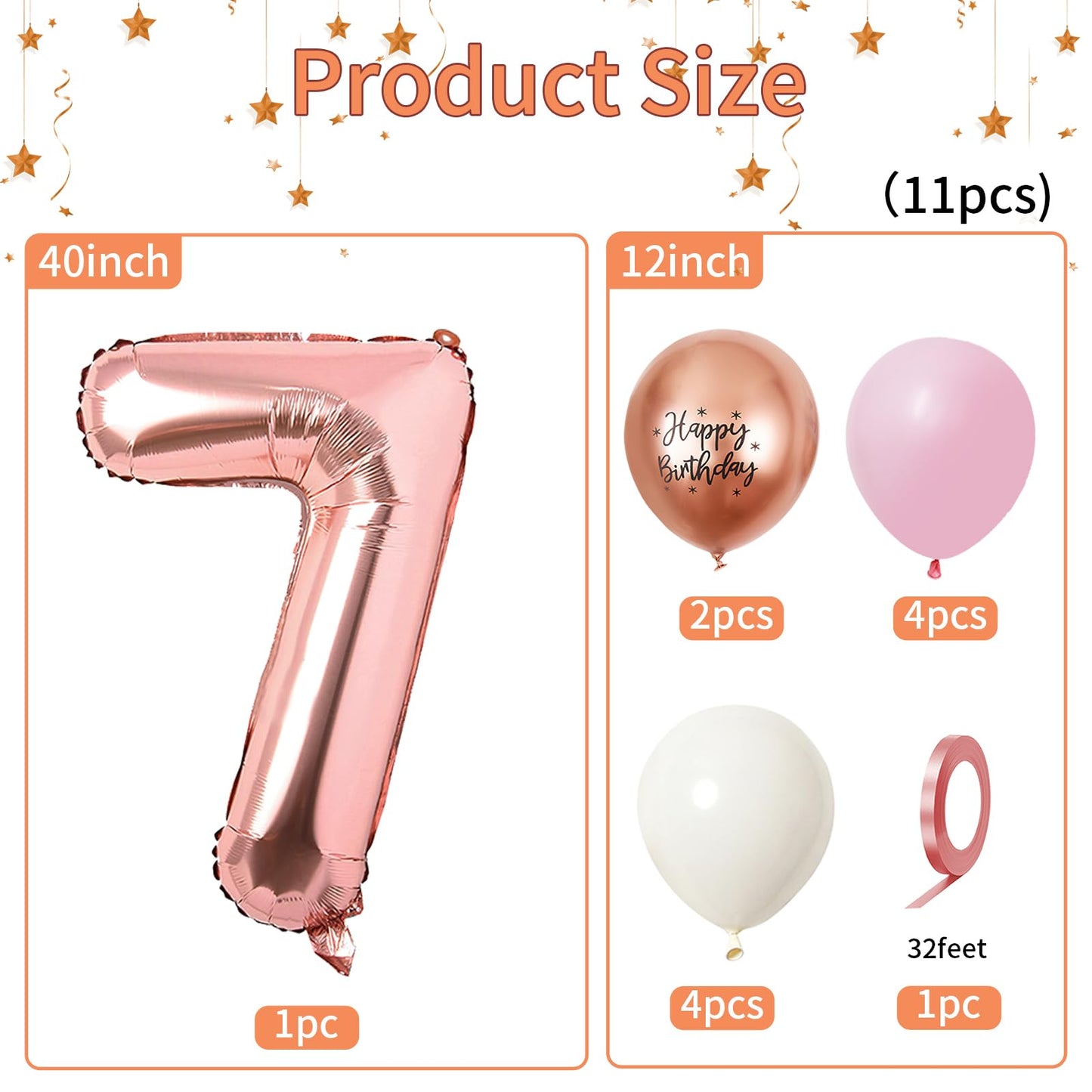 40 Inch Rose Gold Number 7 Balloon, 7Th Birthday Balloons, 11Pcs Rose Gold Birthday Print Balloons Matt White Pink Latex Balloon