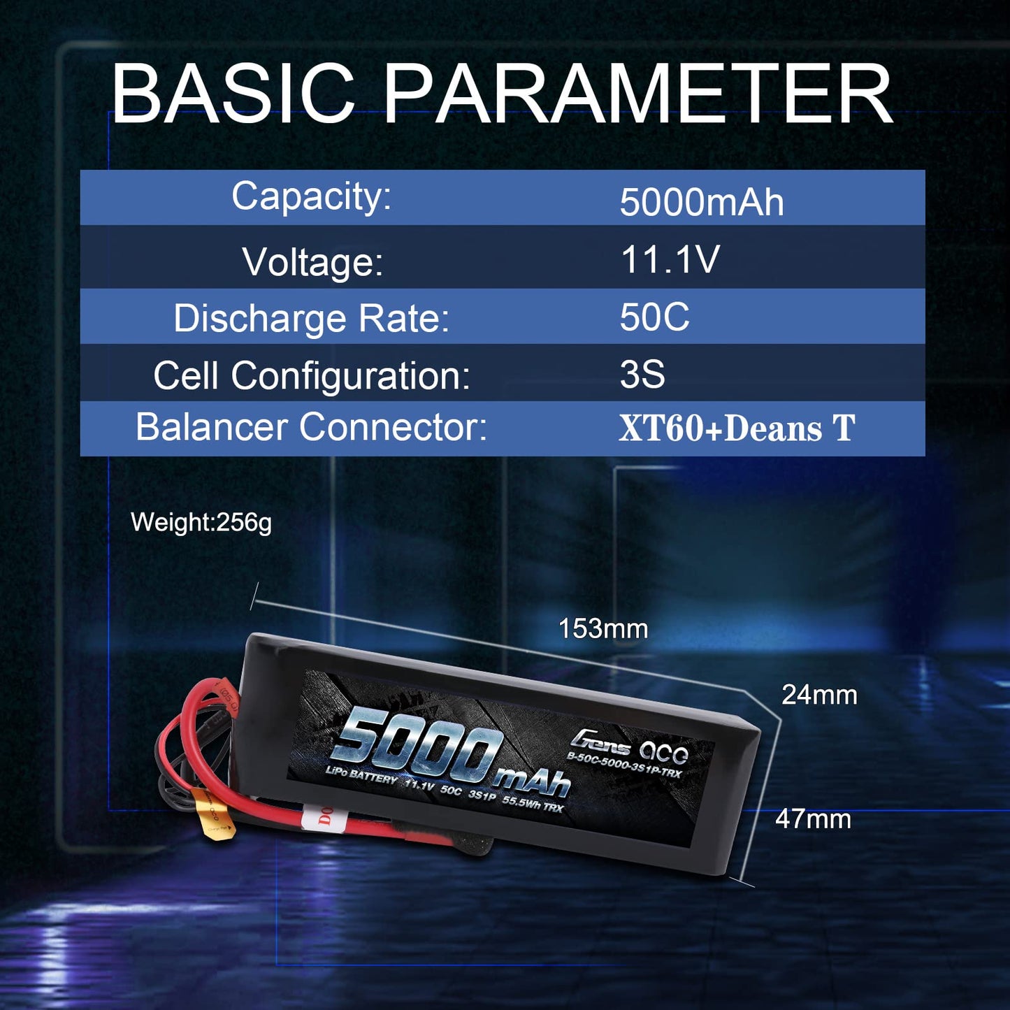 Gens ace 5000mAh 11.1V 3S 50C 3 Cell LiPo Battery Pack with XT60 and Deans Plug (Updated) for Traxxas RC Cars Slash vxl Slash 4x
