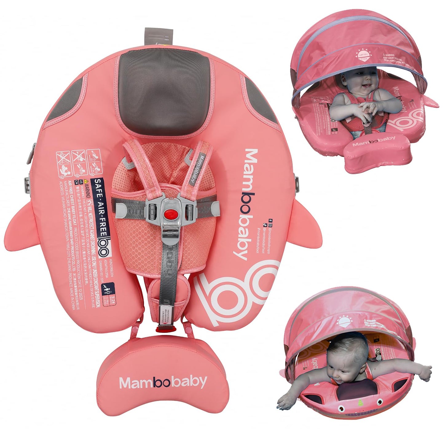 Luckclubtojoy Baby Pool Float With Upf50+ 3D Adjustable Canopy, Add Tail Mambobaby Float Non Inflatable Infant Floats For Pool,