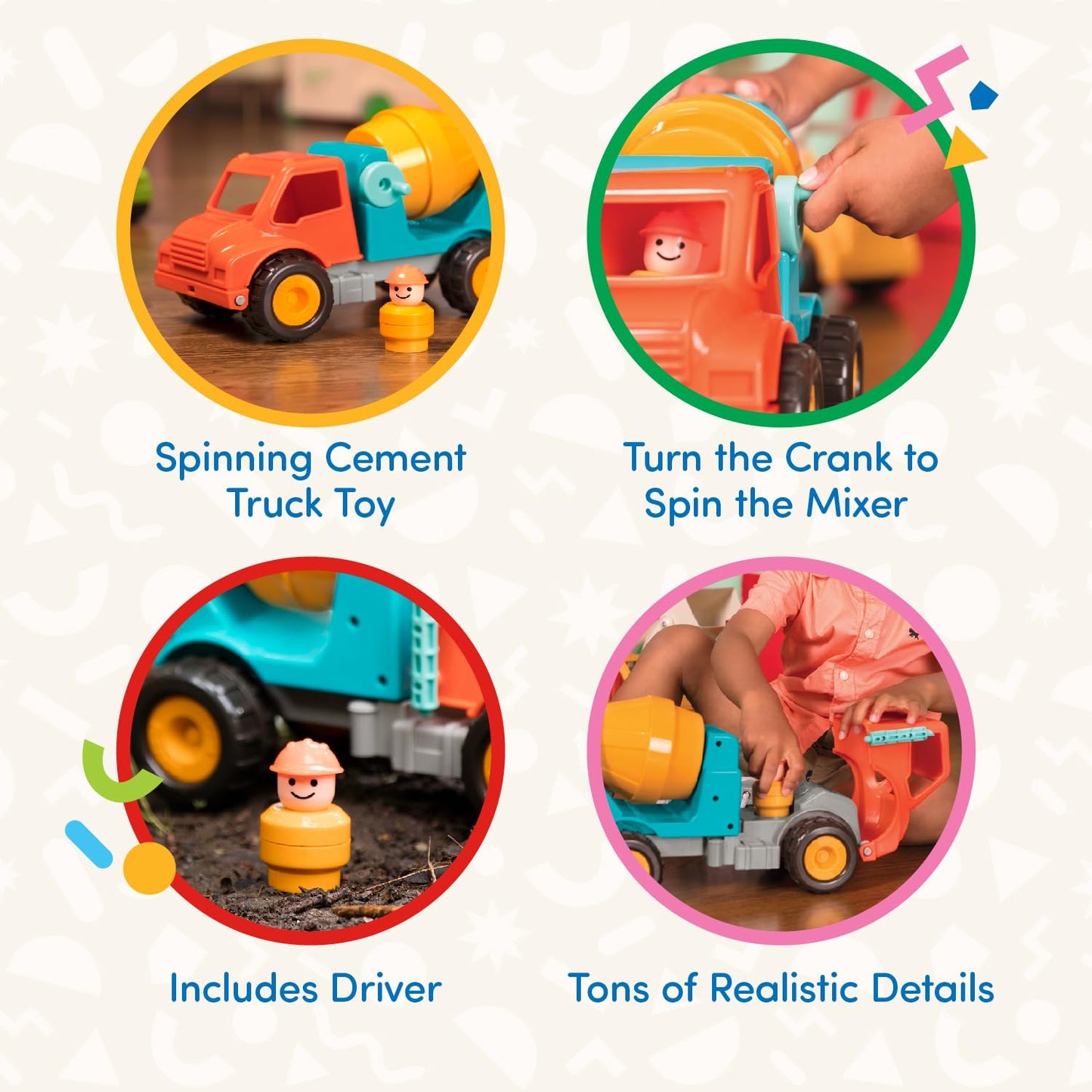 Battat Spinning Cement Truck - Kids Construction Toy - Soft Rubber Wheels - Orange/Blue - Model BT4511Z - 18 Months+