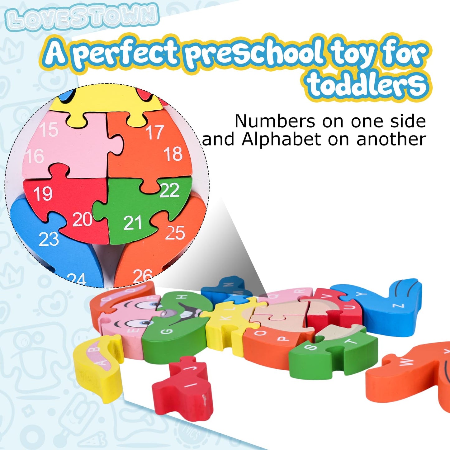 Lovestown Rabbit Wooden Puzzles, 26Pcs Alphabet And Number Building Blocks Wood Jigsaw Puzzle For Kids Preschool