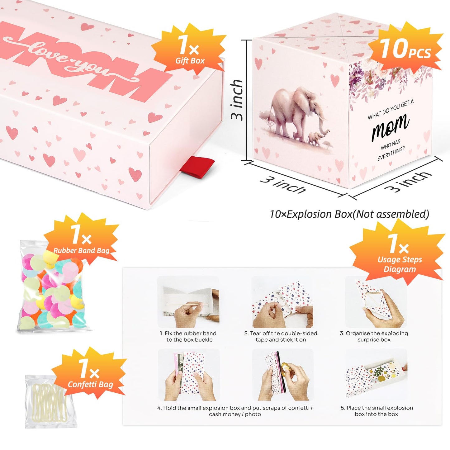 Wenmthg 2024 Mother'S Day Surprise Gift Box Explosion For Money - 10 Pcs Money Gift Box With Confetti - Cash Gift Idea For Mom -