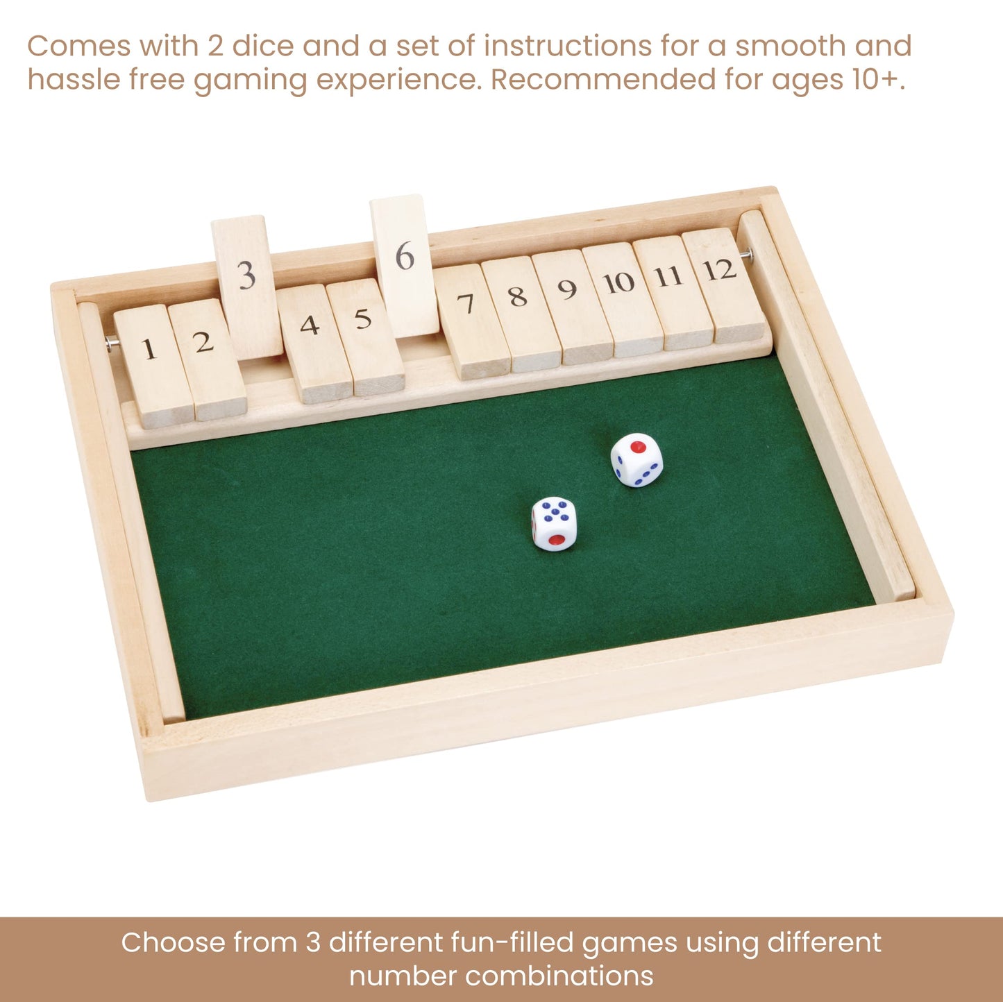 Bits And Pieces - Large Shut The Box Game - 3-In-1 Board Game - 12 Dice Board Game - Wooden Pub Tabletop Game Box - 2 Dice Included