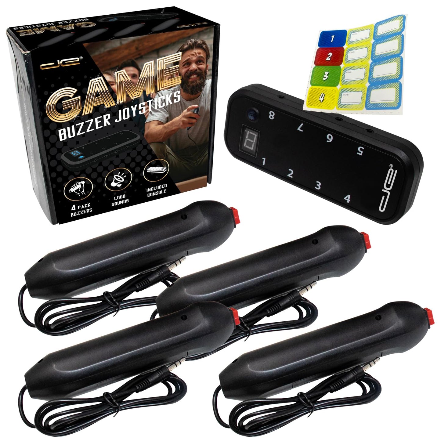 Digital Energy Handheld Buzzer Game System - Console Displays First Buzz-in - Great for Jeopardy  Family Feud  Trivia and Buzzer Games - Console with 4 Joystick Buzzers