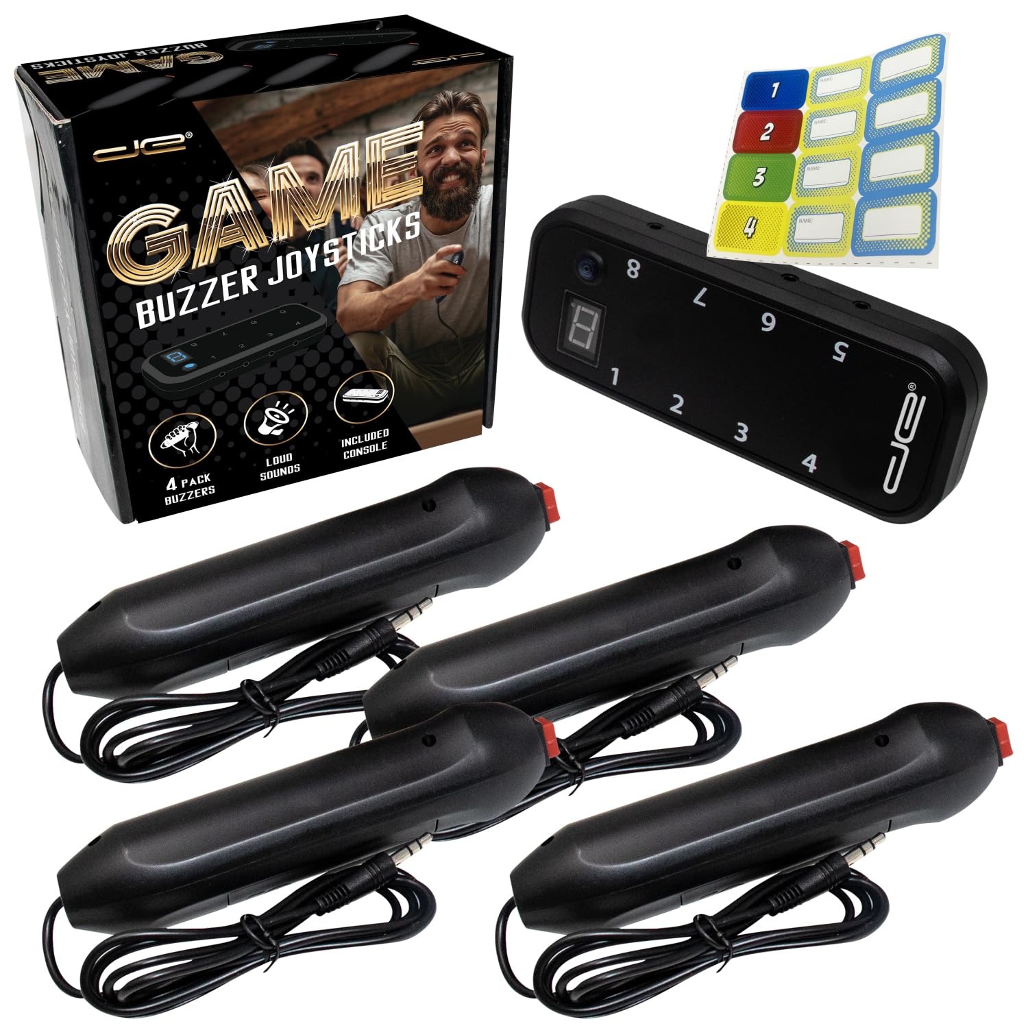 Digital Energy Handheld Buzzer Game System - Console Displays First Buzz-in - Great for Jeopardy  Family Feud  Trivia and Buzzer Games - Console with 4 Joystick Buzzers