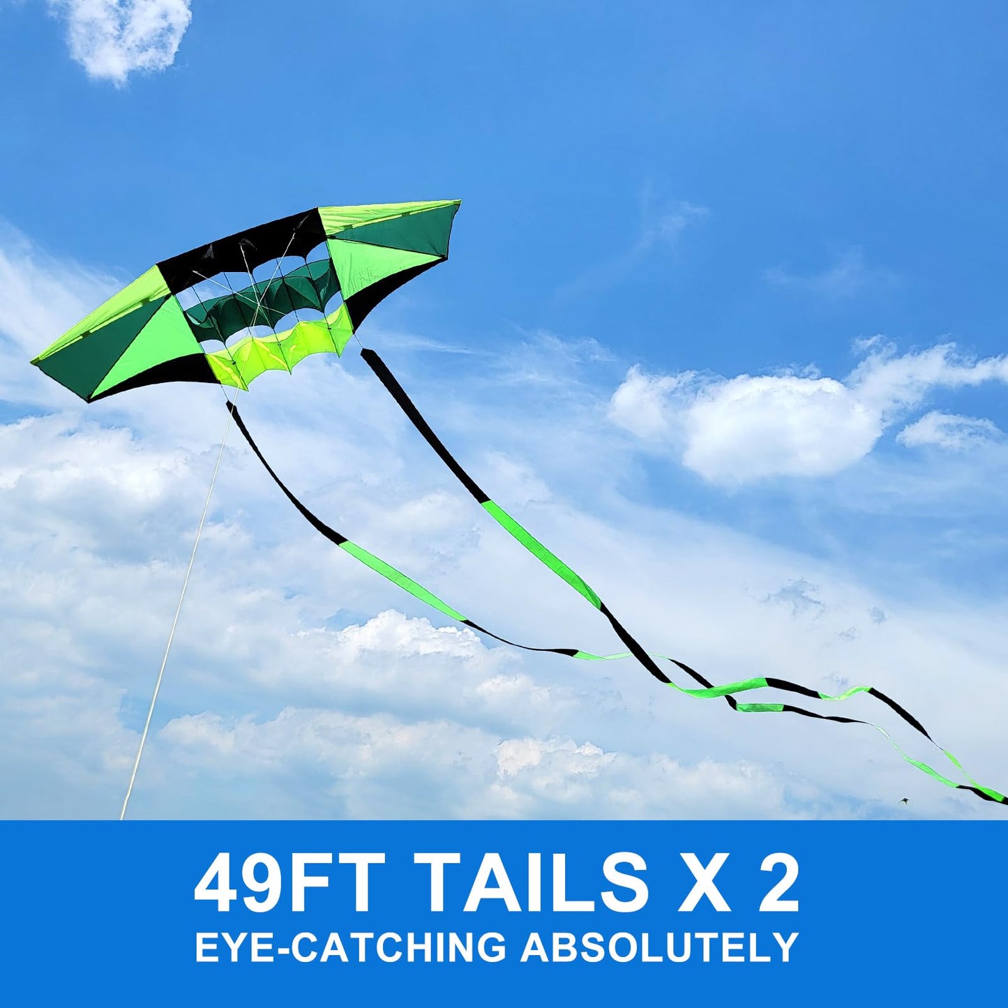 Beach Kites For Adults Large With Long Tail, 98 Inches Super Easy Flyer 3D Rainbow Box Kites, Come With 49 Feet Multi Colors Tails X 2, 300 Ft Kite String & Handle (Black Green)