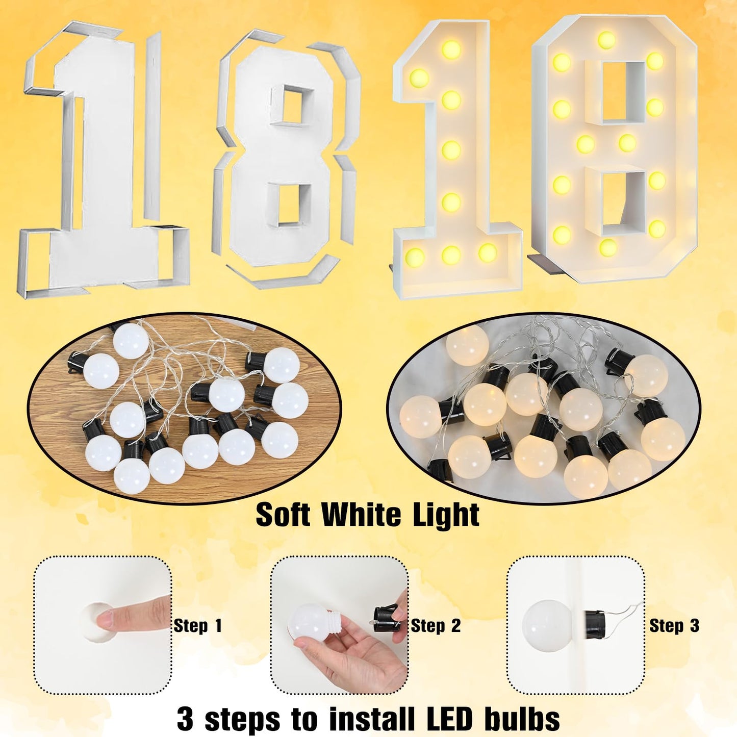 4Ft Light Up Numbers 18 Marquee Mosaic Numbers Frame For 18Th Birthday Party Large Cardboard With Light Bulbs Pre-Cut Kit Giant Cut-Out Thick Foam Board Sign Diy Boys Girls Decorations Anniversary