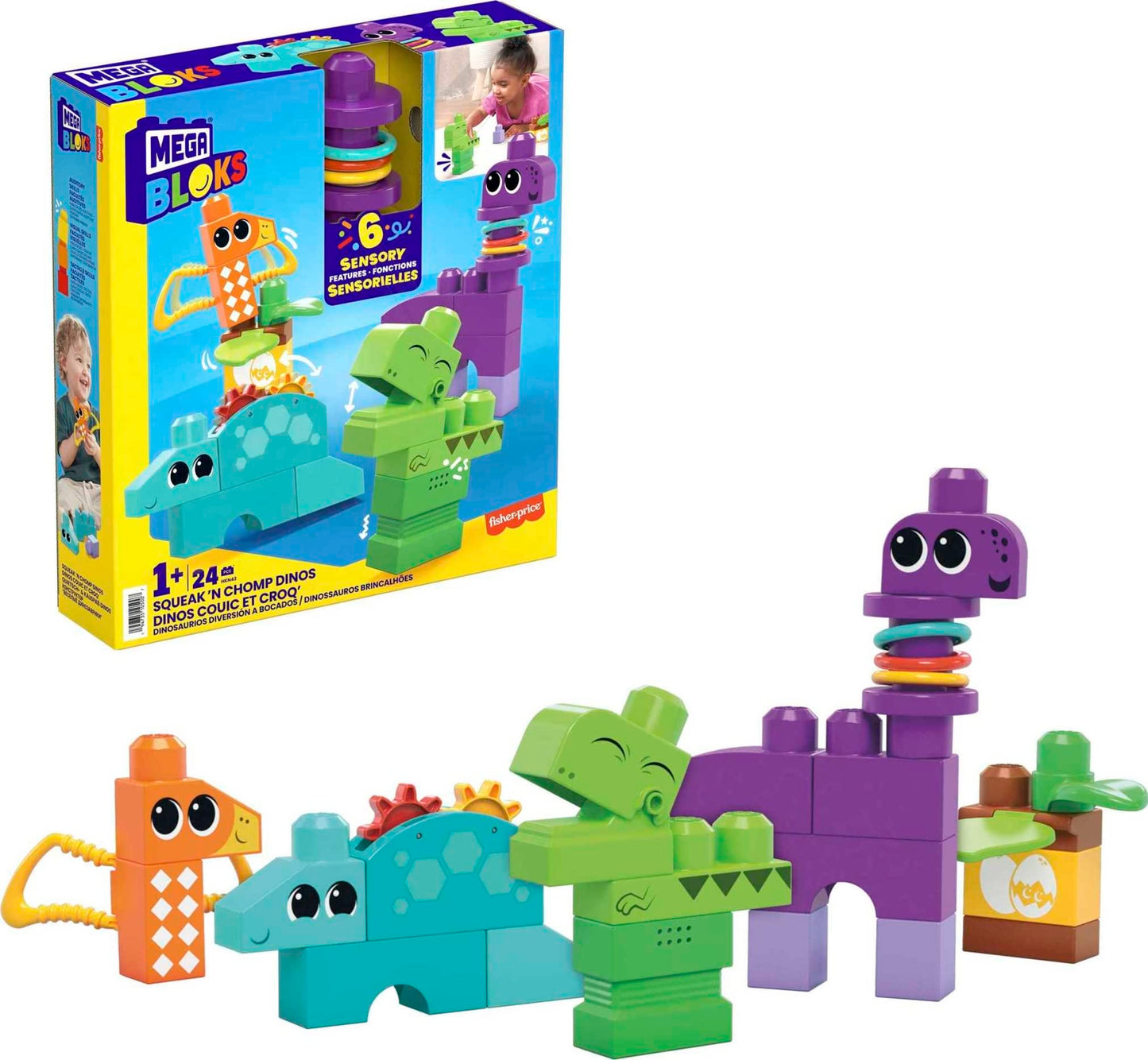 Mega Bloks Fisher-Price Toddler Building Blocks Toy Set, Squeak ‘N Chomps Dinos With 24 Pieces, 4 Buildable Animals, Ages 1+ Years