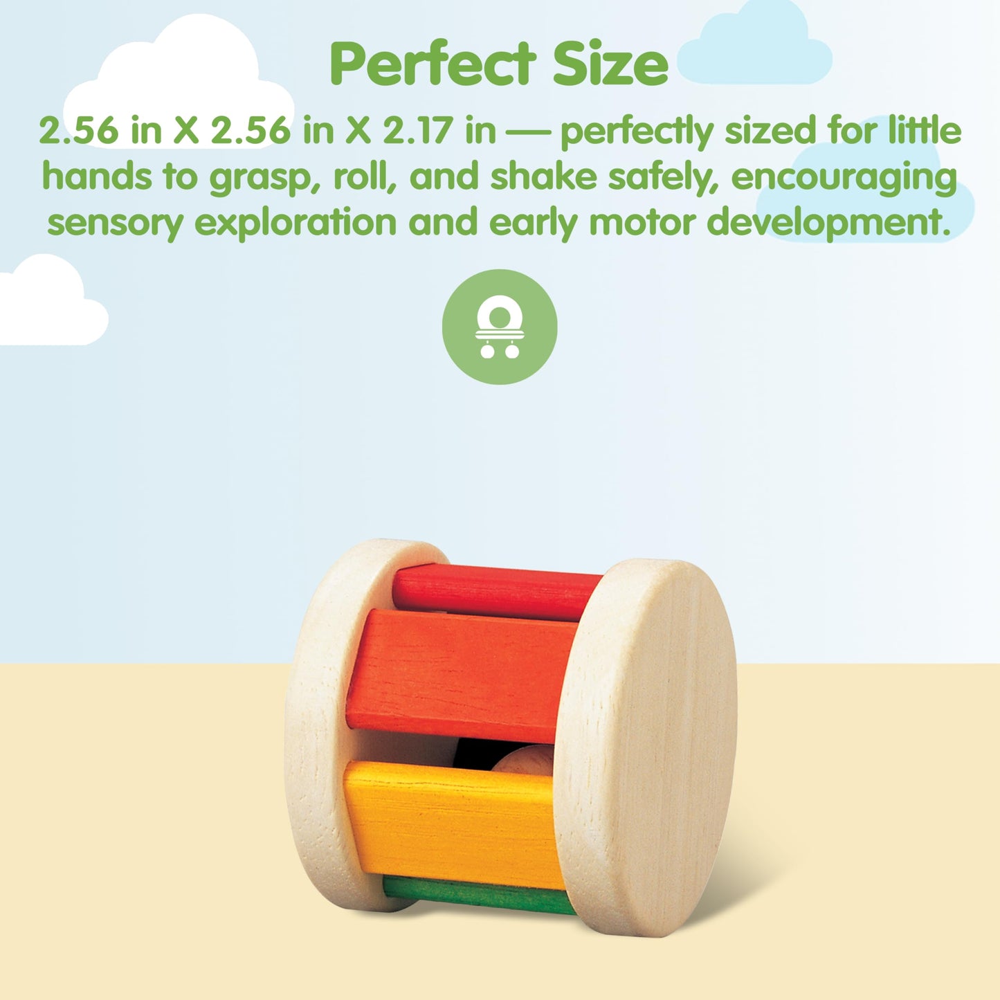 PlanToys Wooden Roller Rattle Toy - Eco-Friendly Montessori Baby Sensory Toy, Medium Size, Bright Color Series, Model 0522000