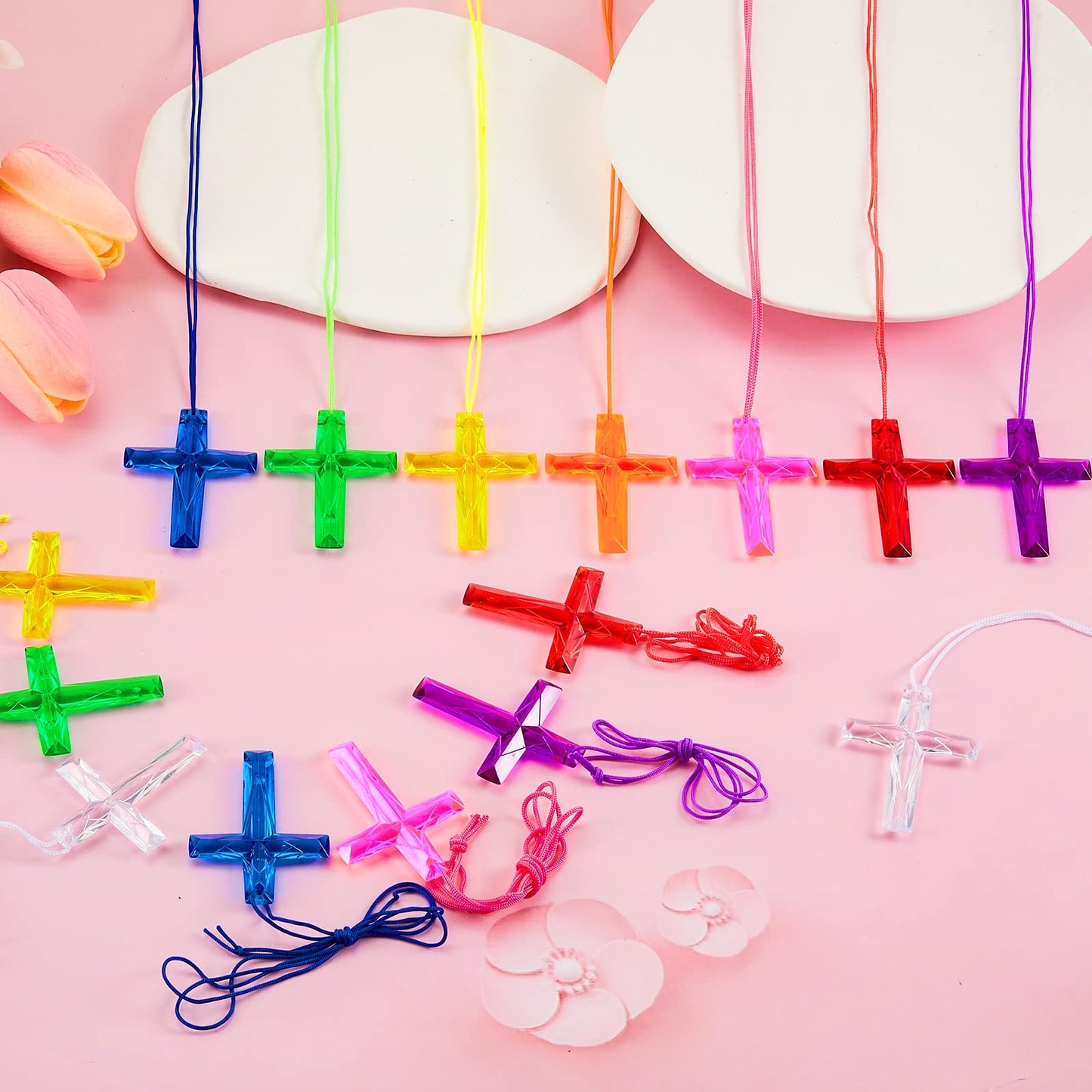 96 Pcs Crystal Cross Necklace Plastic Colored Necklaces Christian Religious Party Favors Christian Toys for Sunday School Prize
