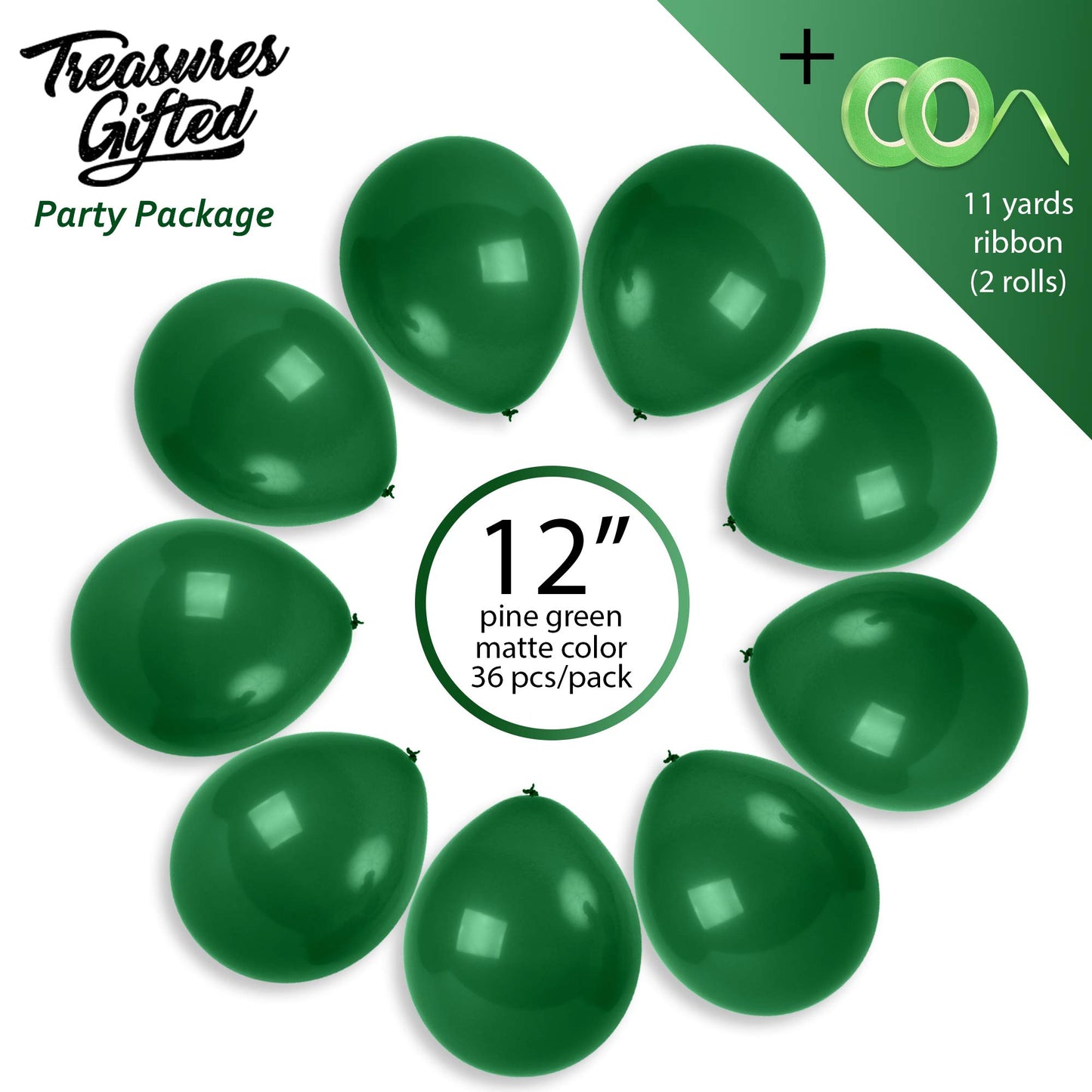 Treasures Gifted Matte Pine Green Balloons - Dark Green Balloons - Emerald Green Balloons - Latex Balloons 12 Inch, Hunter Green