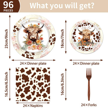 Highland Cow Party Supplies Tableware - 96 Pcs Brown Cow Tableware Disposable Plates Napkins Forks Sets For 24 Guests, Highland