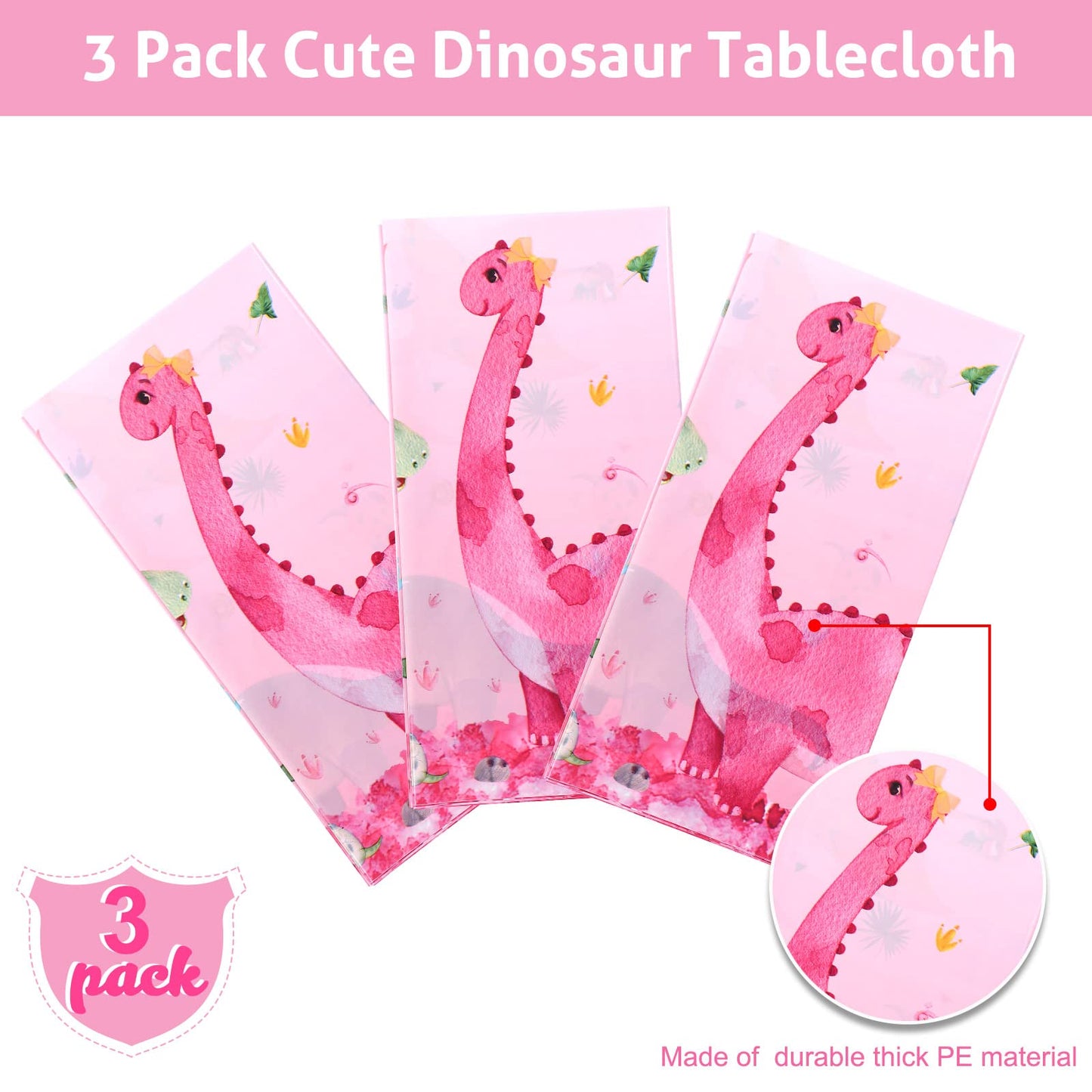 3 Pieces Dinosaur Party Tablecloths Pink Dinosaur Table Covers Plastic Disposable Dinosaur Printed Table Cloths Rectangular Dino