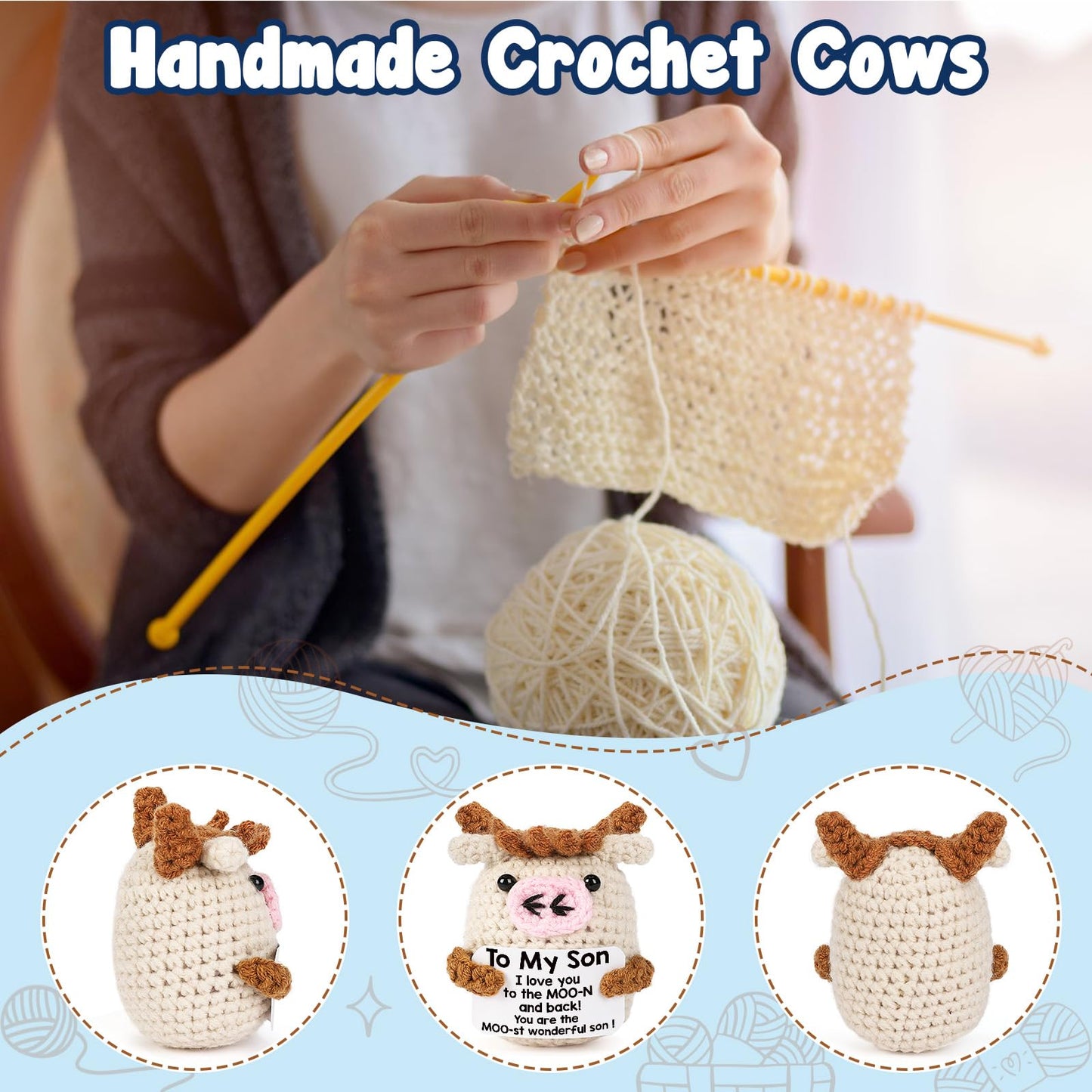 YUEYUQIU Gifts for Son from Mom/Dad - Christmas Birthday Gifts for mature-themed Sons Teens Son in Law  Handmade Crochet Small Cow Present for Graduation Birthday Valentines - You are The Most Wonderful Sons