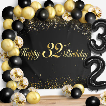 Happy 32Nd Birthday Balloons Black Set Decor - Cheers To 32 Years Old Party Theme Garland Banner Backdrop Decorations For Women