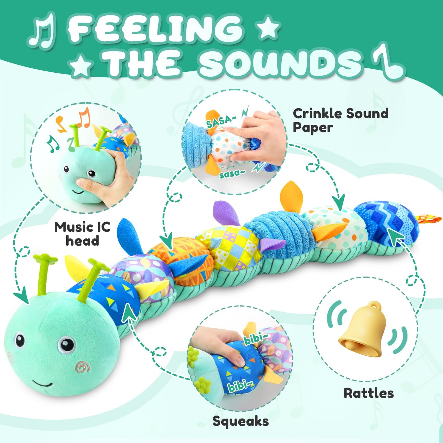 Awotoy Baby Toys 0 To 12 Months, Musical Stuffed Animal Activity Soft Toys With Multi-Sensory Crinkle, Rattle And Textures, Infant Tummy Time Toys For Newborn Boys Girls, Caterpillar, Blue