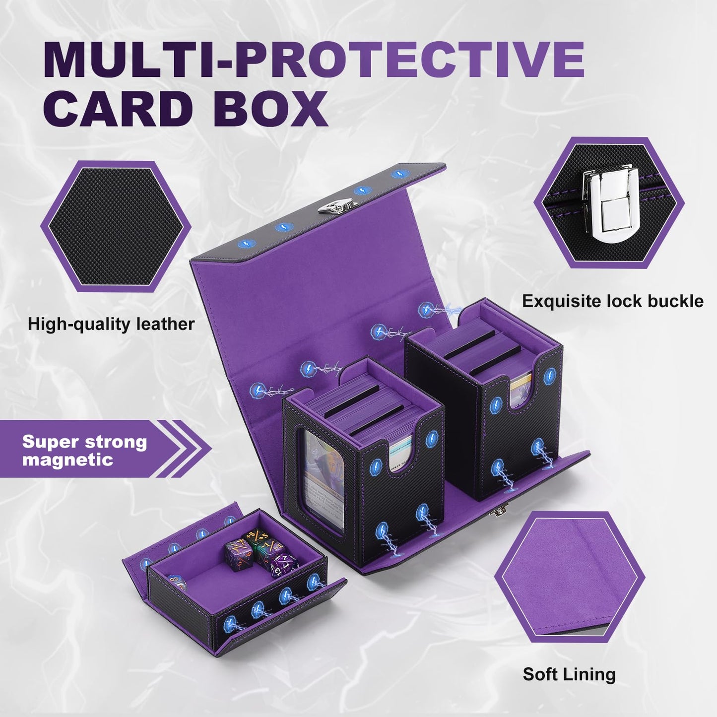 Stepane MTG Card Storage Box  3 In 1 Graded Carrying Deck Box  2PCS Commander Deck Boxes with Dice Tray  Removable Box Lid with Handle Black/Violet