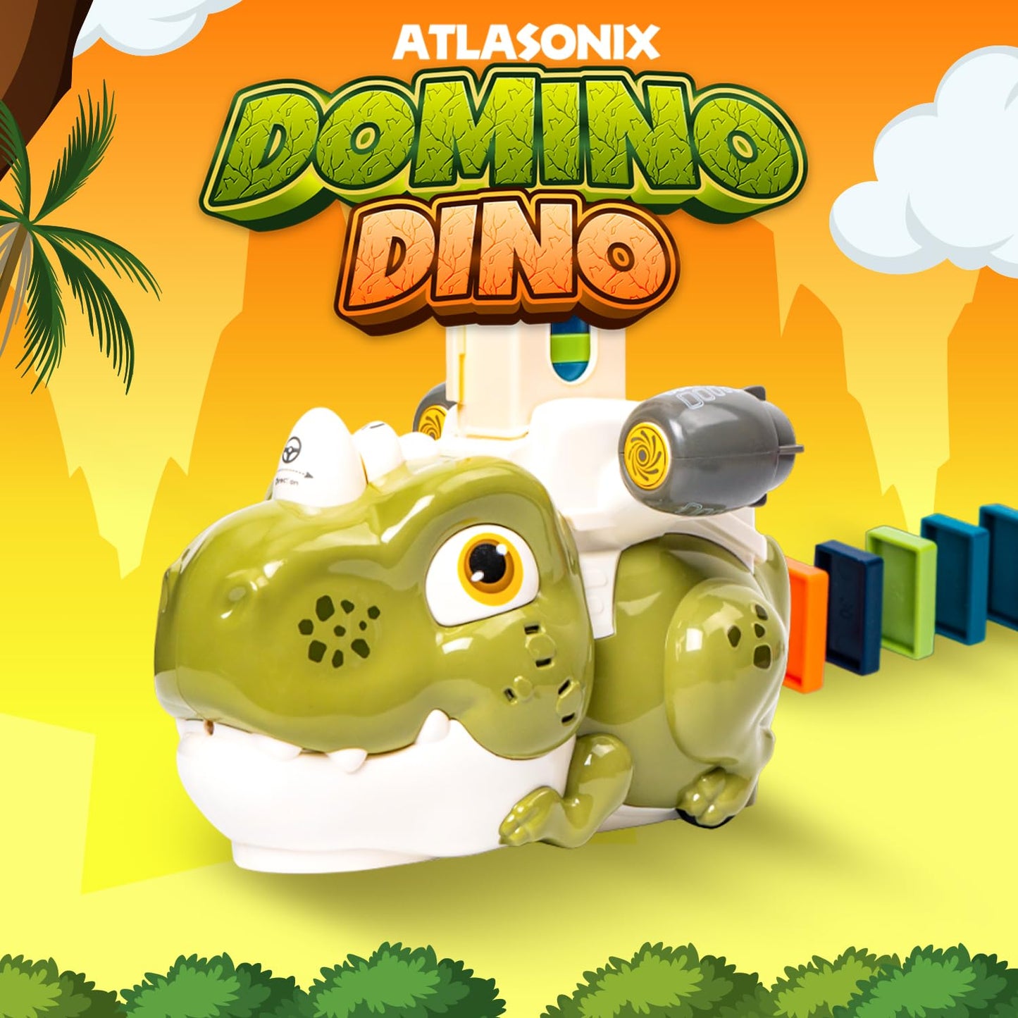 Atlasonix Dino Domino Train - 220 Dinosaur Dominoes Set For Boys & Girls - Birthday Gift Ages 3-10 - Montessori Jurassic T-Rex Toy With Automatic Rally Setter - Block Laying Machine