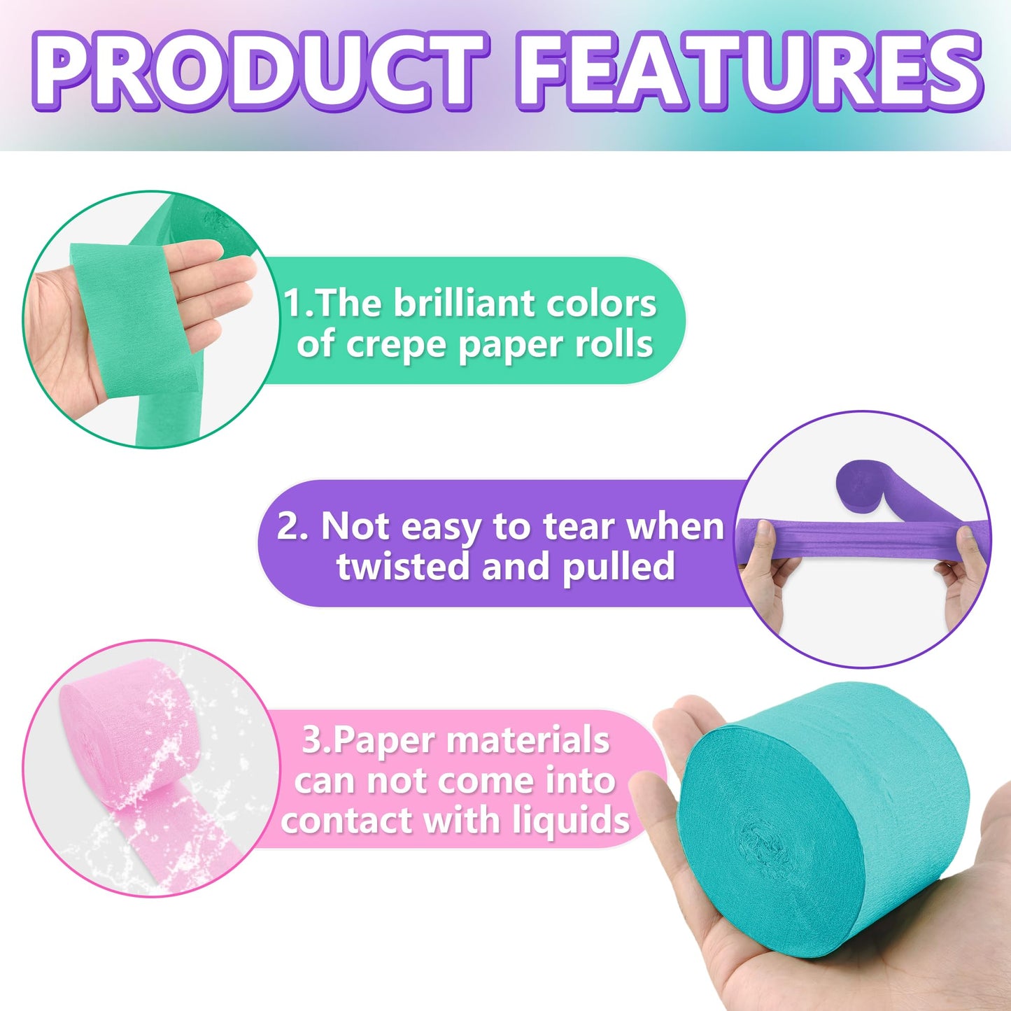 Oun Nana Crepe Paper Streamers 2.2 x 123 Ft Per Roll, Pastel Streamers Party Supplies for Mermaid Princess Birthday Party Baby S