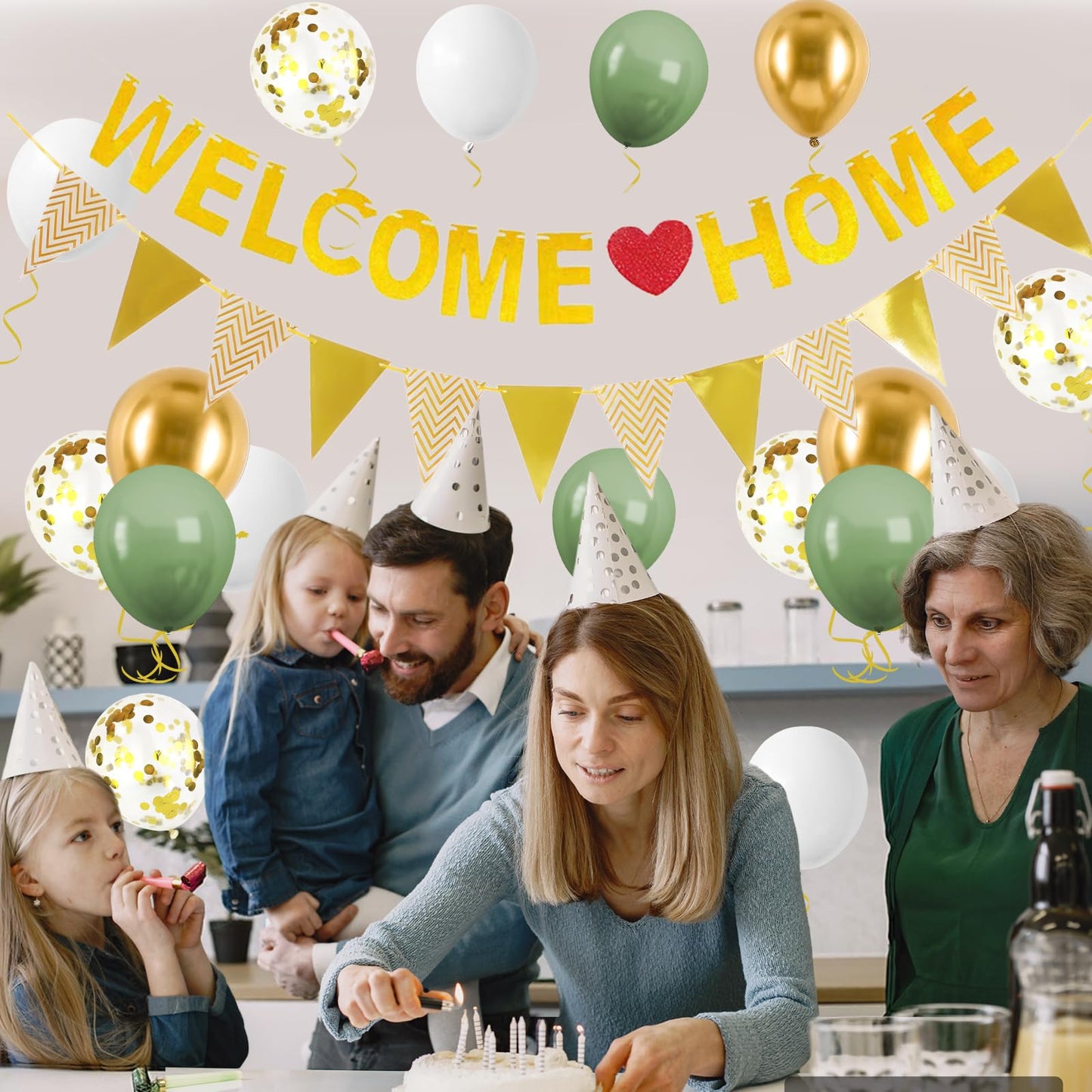 Welcome Home Decorations,Green Gold Welcome Home Balloons Banners Set,Welcome Home Glitter Banner With Confetti Balloons,Pennant
