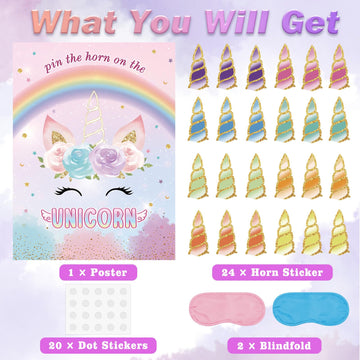 Pin The Tail On The Unicorns Party Game With 24 Pcs Tails For Kids Girls Birthday 21'' X 28'' (Unicorns)