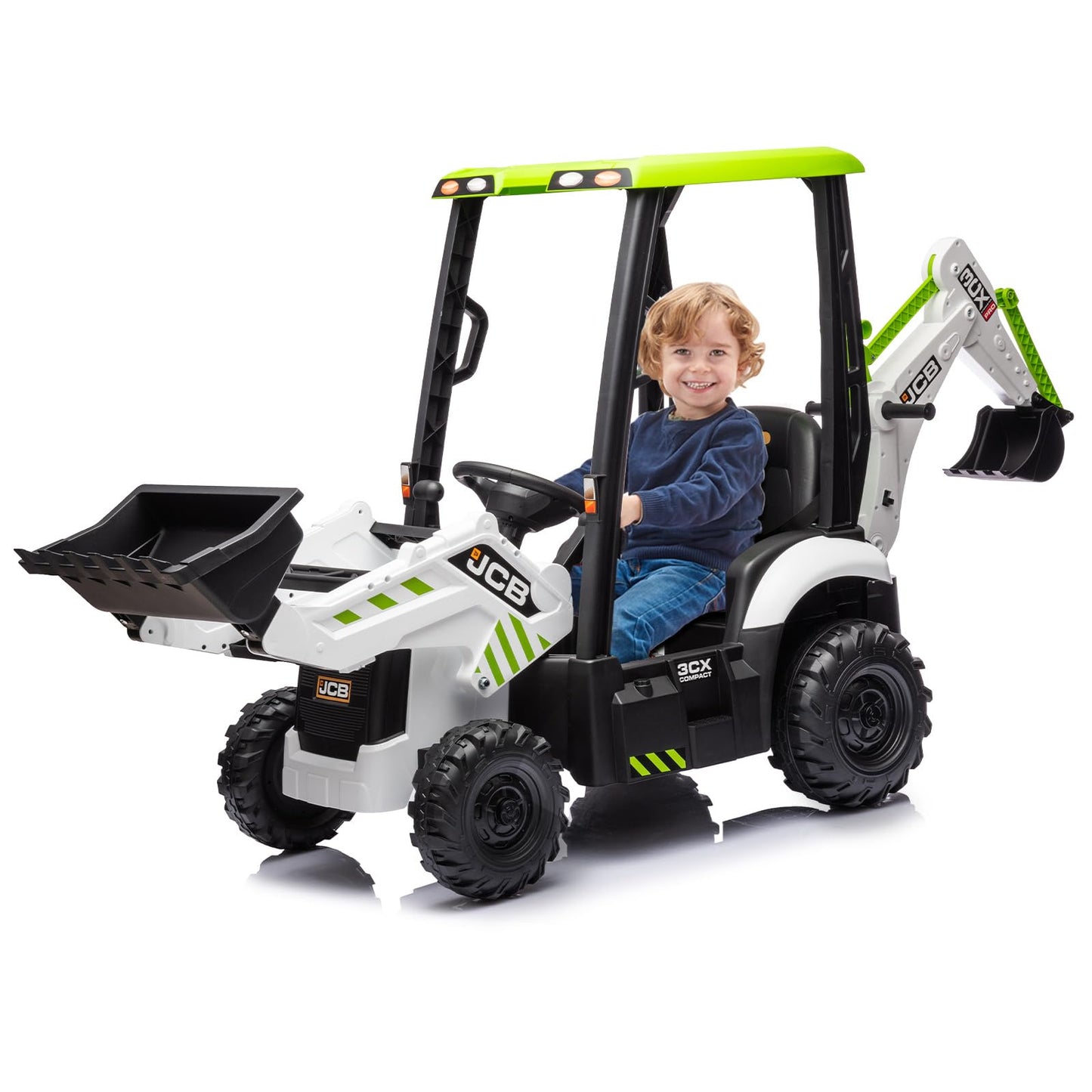 4 In 1 Ride On Excavator, 12V Licensed Jcb Excavator Ride On Toy With Remote Control, Front Loader, Horn And Eva Tires, 4 Transformable Forms Kids Excavator Digger, White