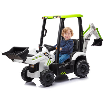 4 In 1 Ride On Excavator, 12V Licensed Jcb Excavator Ride On Toy With Remote Control, Front Loader, Horn And Eva Tires, 4 Transformable Forms Kids Excavator Digger, White