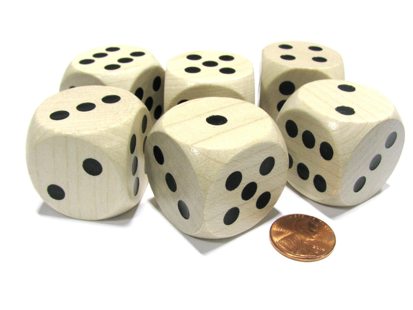 Koplow Games Set of 6 D6 Large Jumbo 30mm Rounded Wood Dice - Wooden with Black Pips