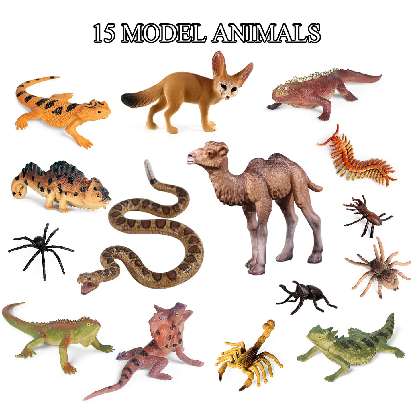 Sienon 32Pcs Desert Animal Figurines Set Model Trees Cactus Kit Desert Diorama Project With Camel Fennec Fox Rattlesnake Scorpion Lizard Reptile Toy Playset For Kids Birthday Cake Toppers Party Décor