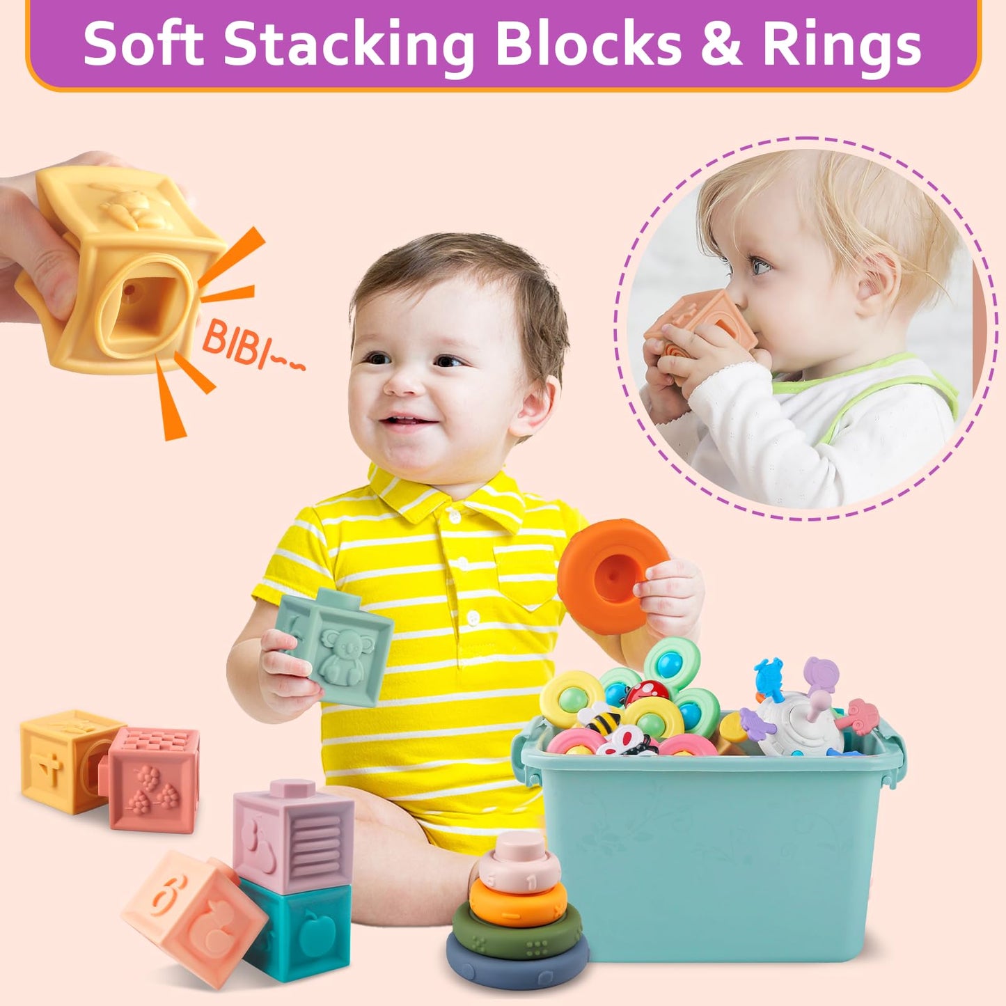 Weilim Baby Toys - Montessori Sensory Bins, Teething Toys, 27 Pieces, 6-36 Months, Medium, ABS & Silicone, Model FNW815