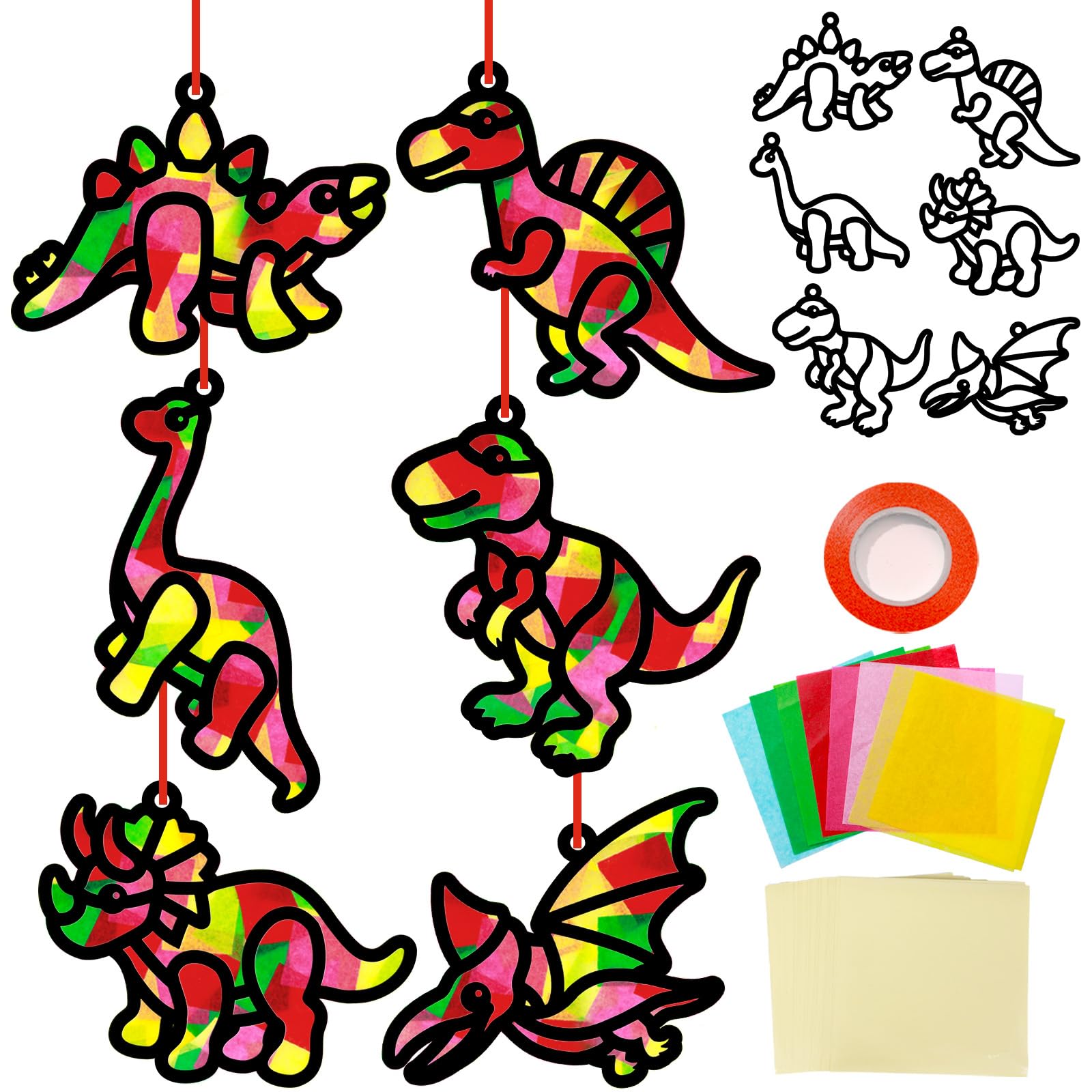 Qyeahkj 36 Set Dinosaur Suncatchers Crafts for Kids DIY Dinosaur Tissue Paper Crafts Window Stained Glass Effect Dino Hanging De