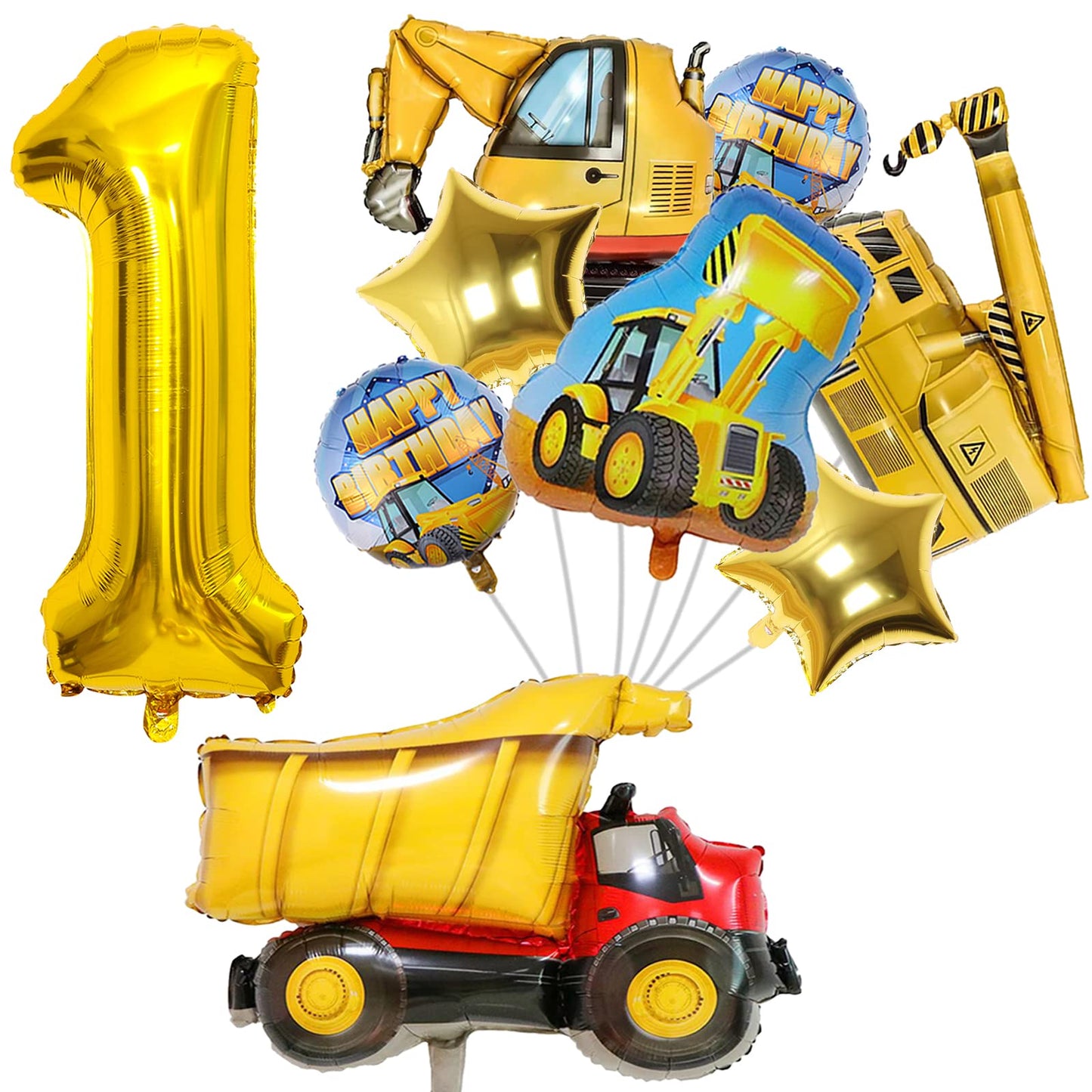 Construction Balloons 1St Birthday, 9Pcs 40 Inch Gold Number 1 Balloons With Large Excavator Dump Truck Crane Bulldozer Foil Myl
