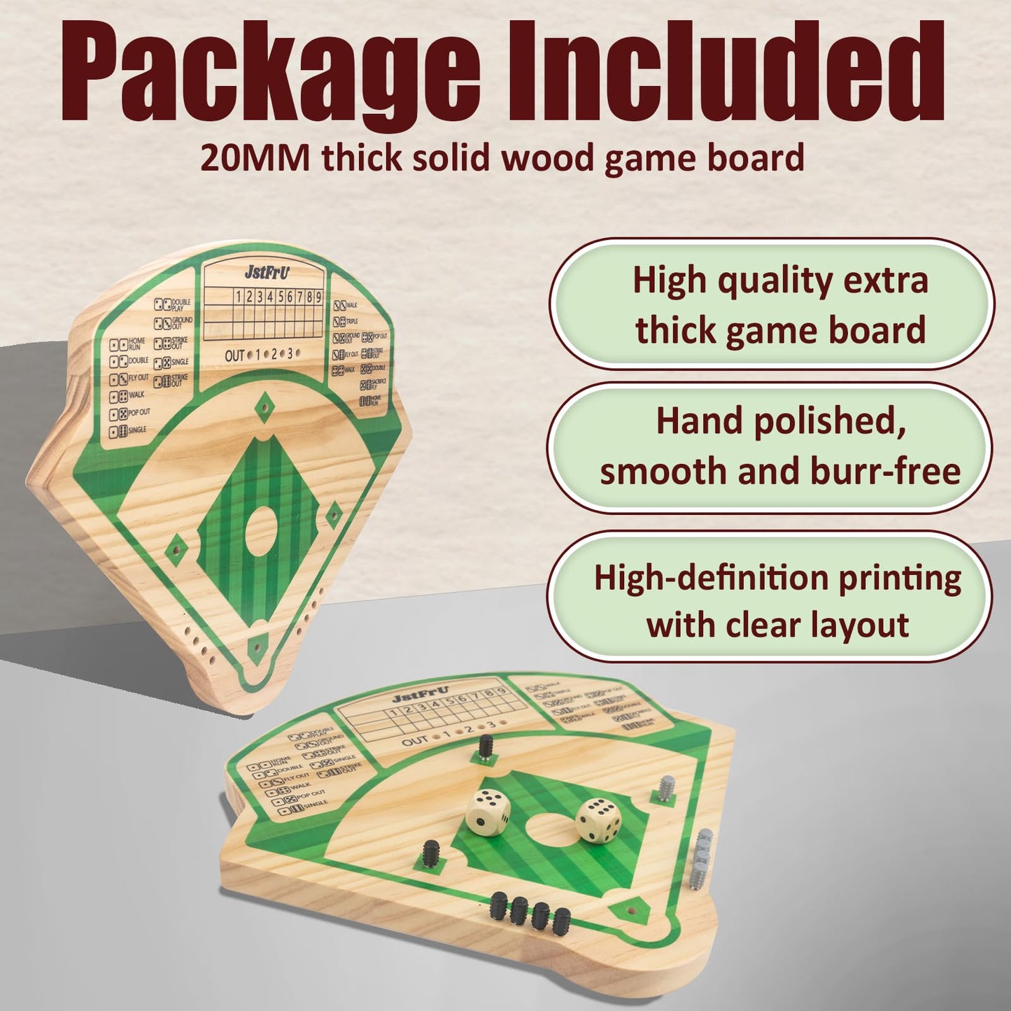 Baseball Board Game,Wooden Baseball Game,20Mm Thick Wooden Board With 10 Pieces & Dice,Markers,Great For Family Game Night, Part