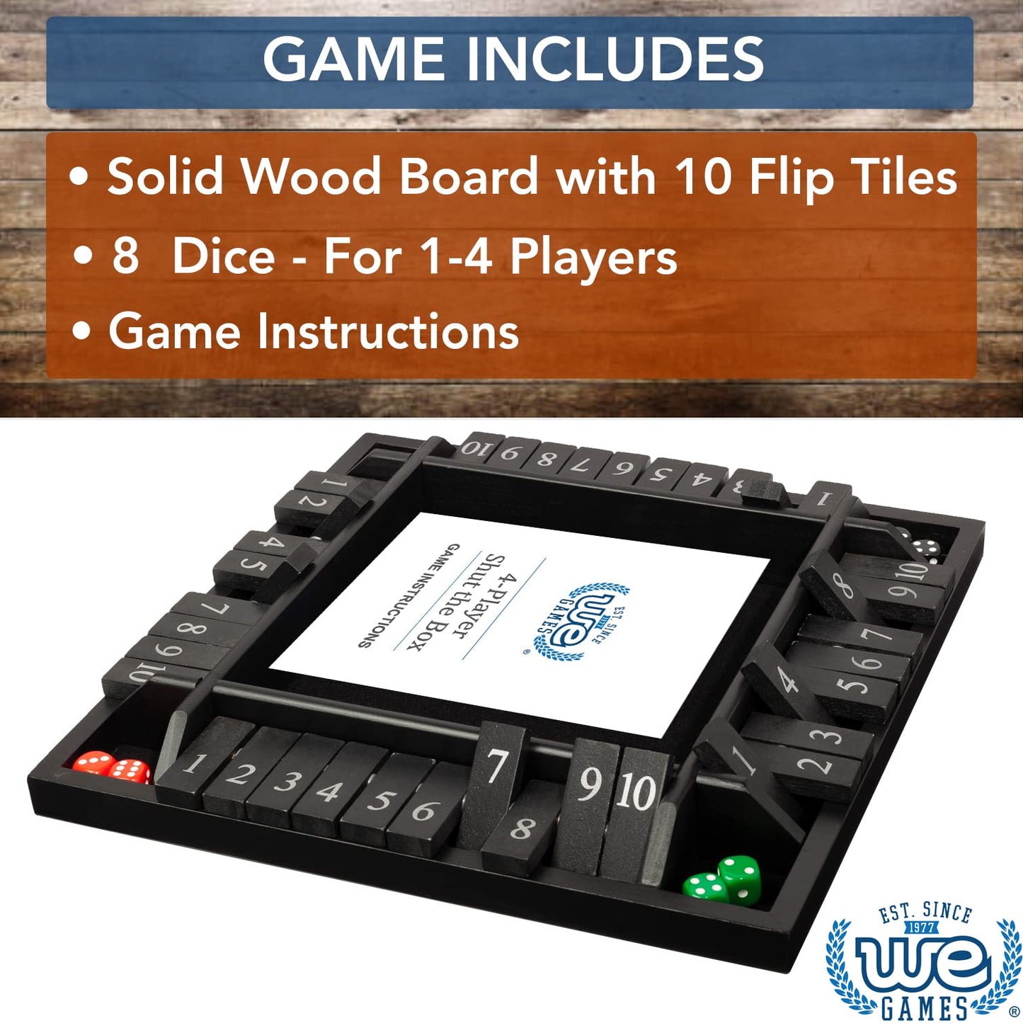 We Games Shut The Box Dice Game, Wooden Board Game For 1-4 Players, 14 Inches