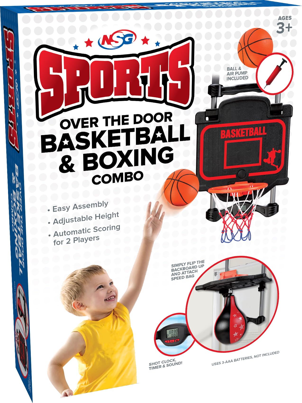 Over-The-Door Basketball & Boxing Combo - 2-In-1 Game Set With Adjustable Hoop & Speed Bag, Scoreboard & Sound Effects - Fun Ind