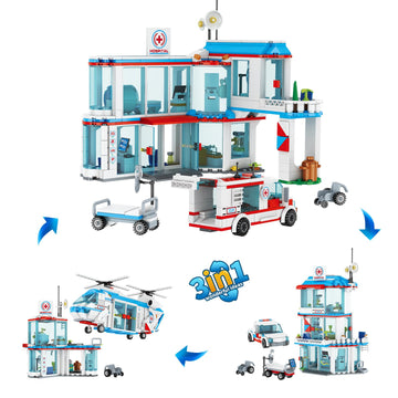 City Hospital Stem 3 In1 Building Sets, Compatible With Lego Ambulance Tor Truck, Rescue Helicopter, Connect To Other City Sets,